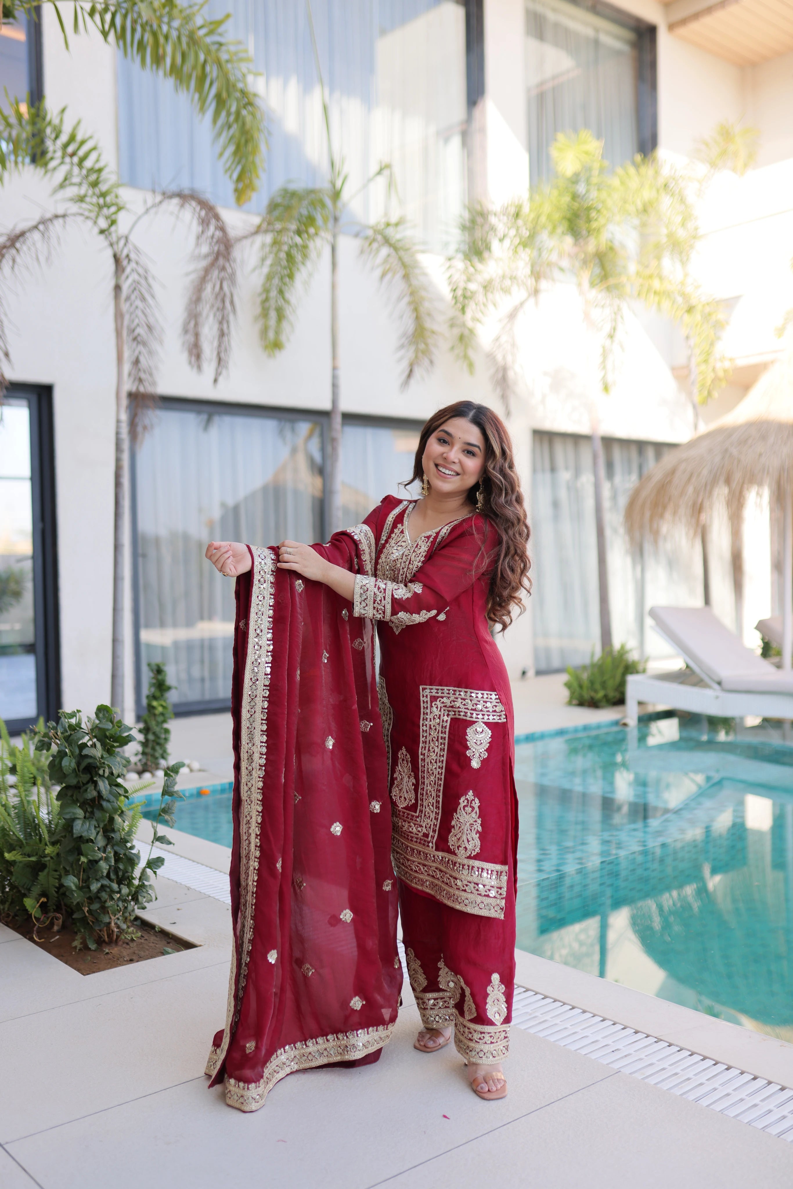 Nysika Maroon Color Fendi Silk Coding Sequins Embroidered Work Kurti Set