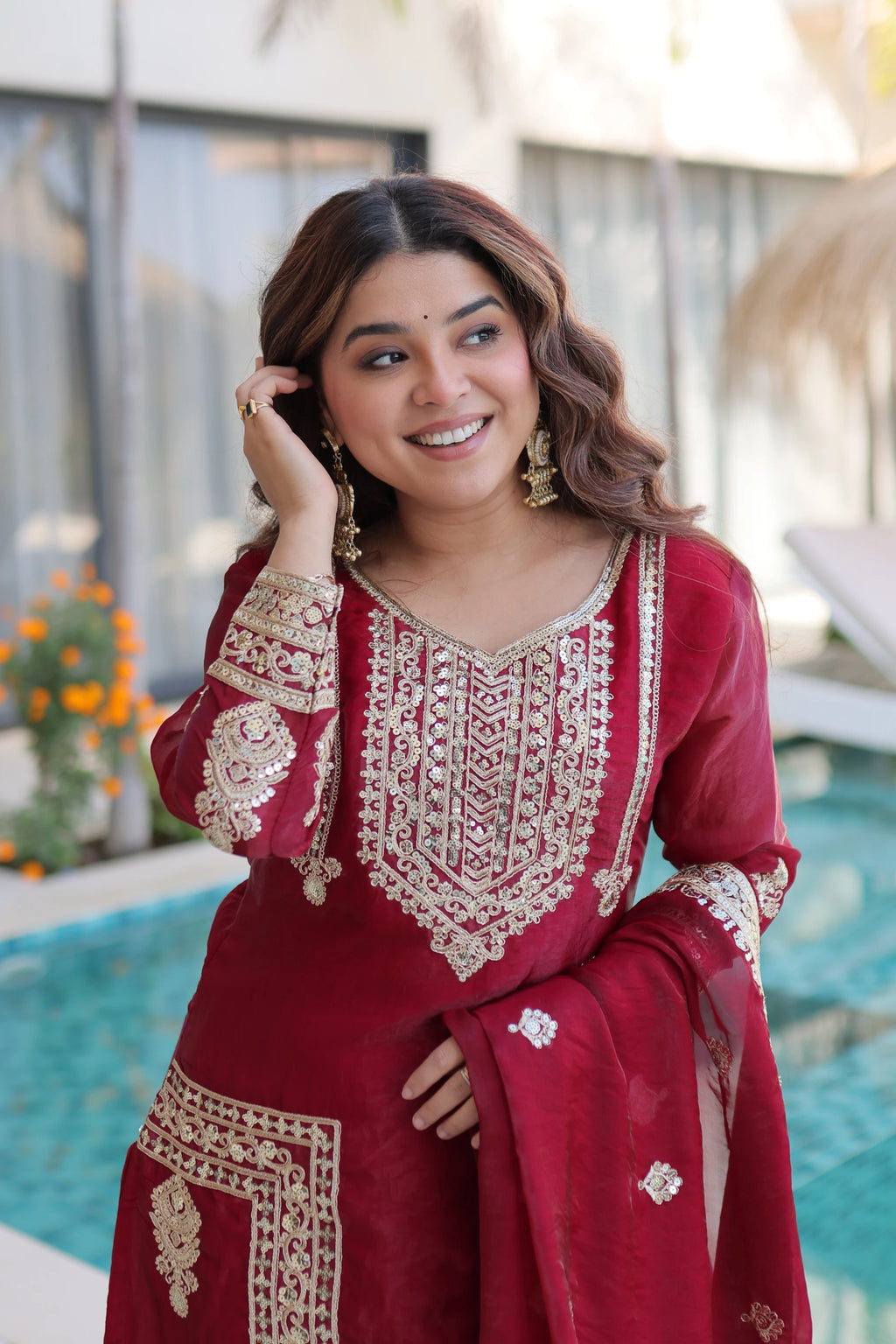 Nysika Maroon Color Fendi Silk Coding Sequins Embroidered Work Kurti Set