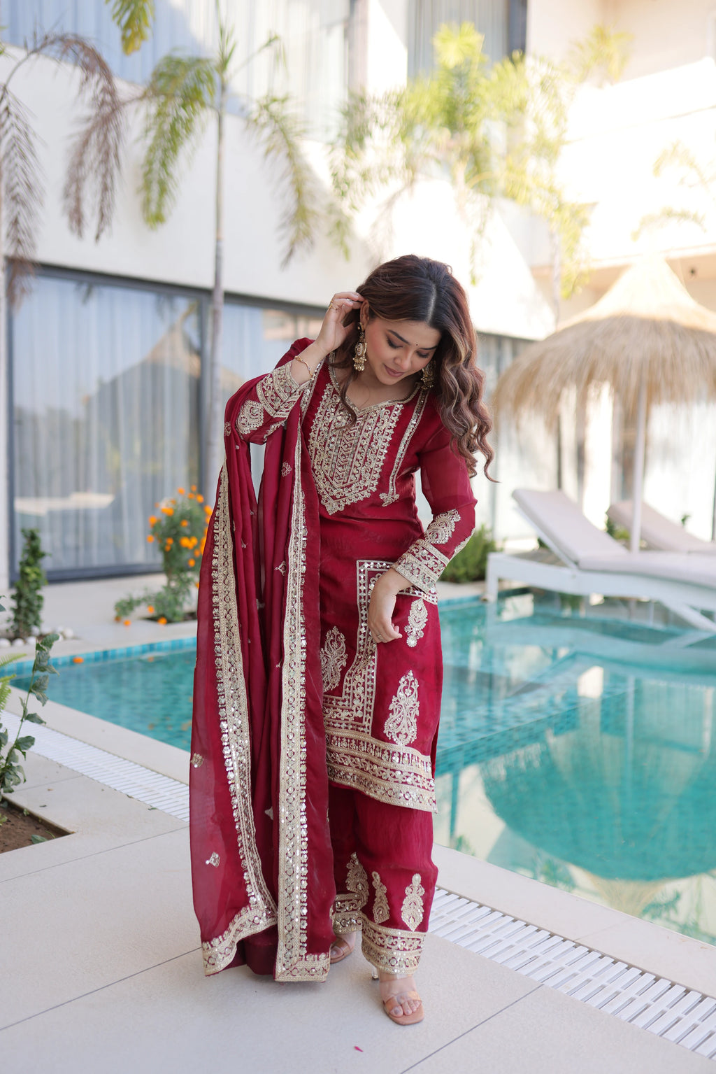 Nysika Maroon Color Fendi Silk Coding Sequins Embroidered Work Kurti Set