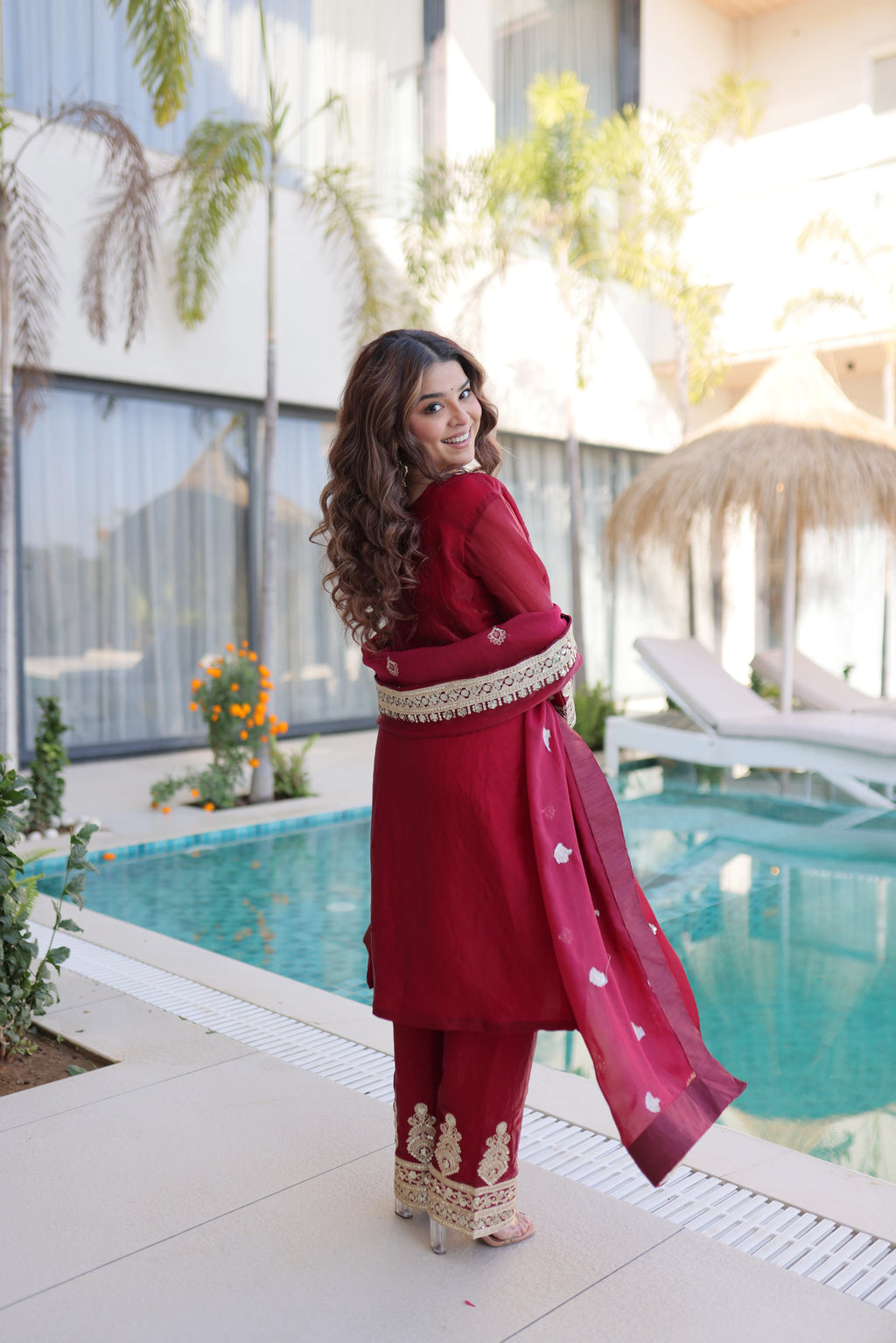 Nysika Maroon Color Fendi Silk Coding Sequins Embroidered Work Kurti Set