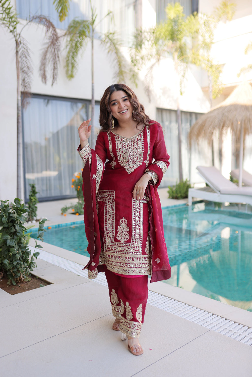 Nysika Maroon Color Fendi Silk Coding Sequins Embroidered Work Kurti Set