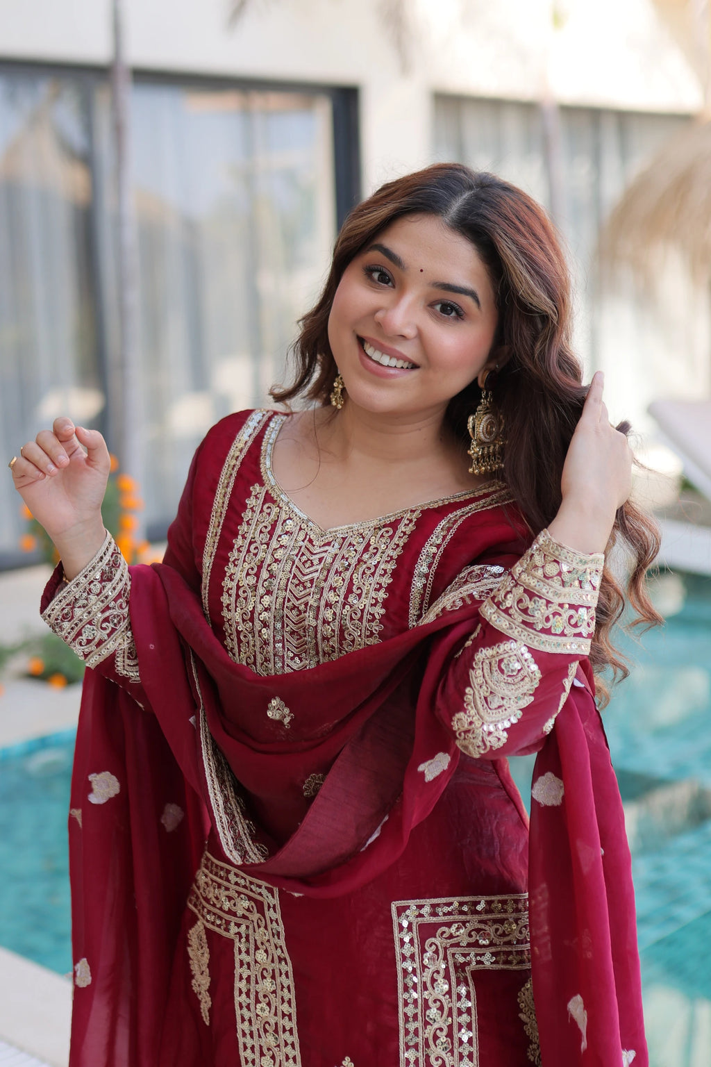 Nysika Maroon Color Fendi Silk Coding Sequins Embroidered Work Kurti Set