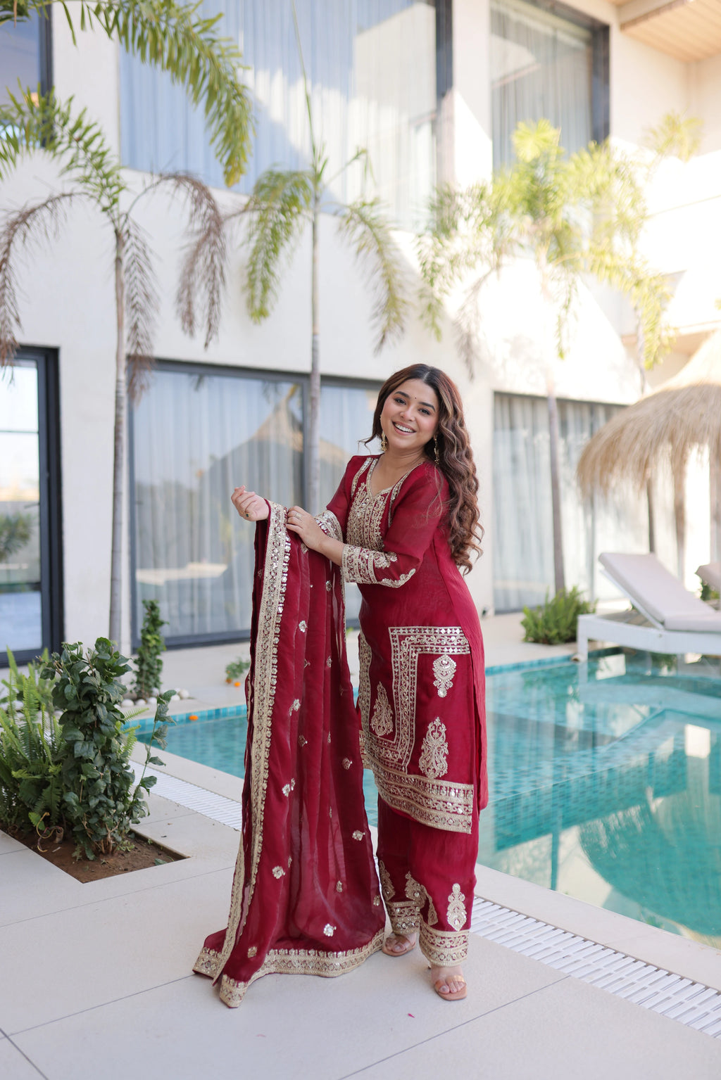 Nysika Maroon Color Fendi Silk Coding Sequins Embroidered Work Kurti Set