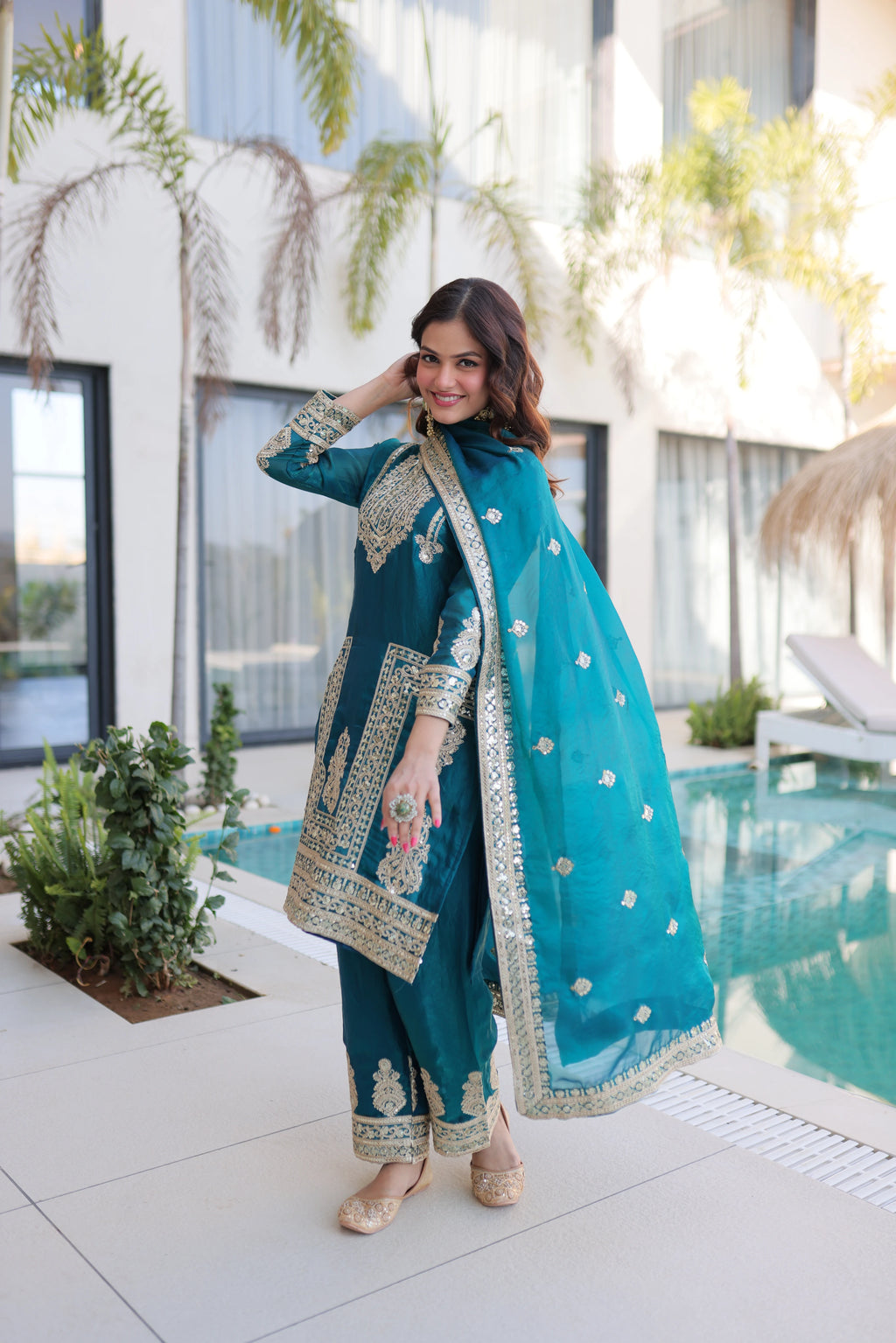 Nysika Turquoise Color Fendi Silk Coding Sequins Embroidered Work Kurti Set