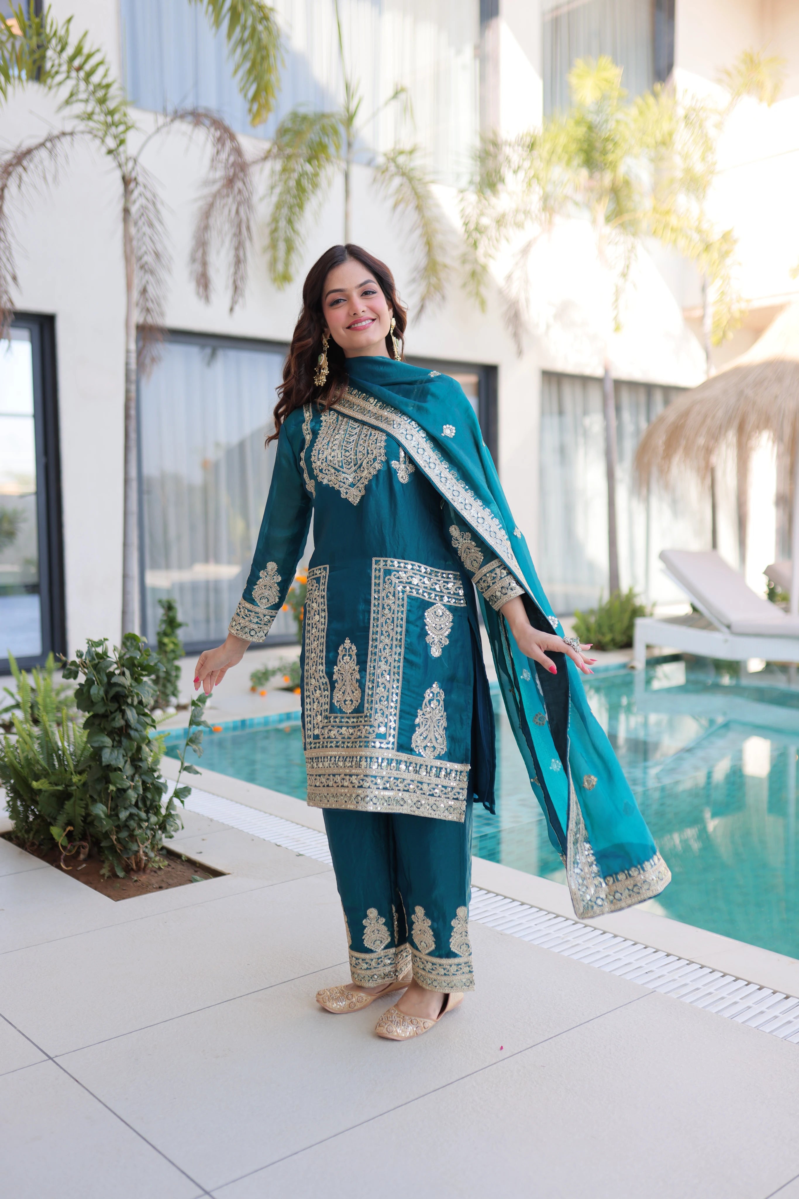 Nysika Turquoise Color Fendi Silk Coding Sequins Embroidered Work Kurti Set