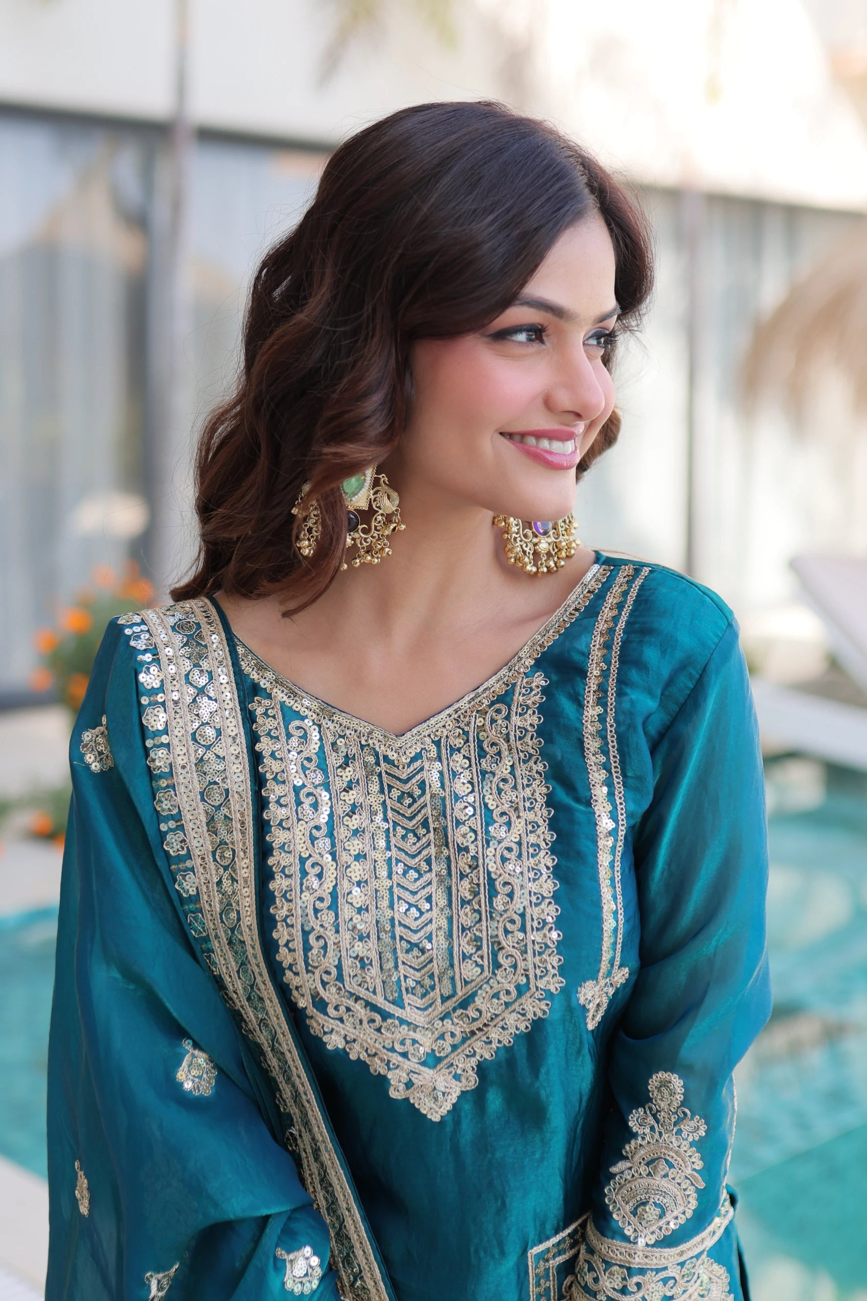 Nysika Turquoise Color Fendi Silk Coding Sequins Embroidered Work Kurti Set