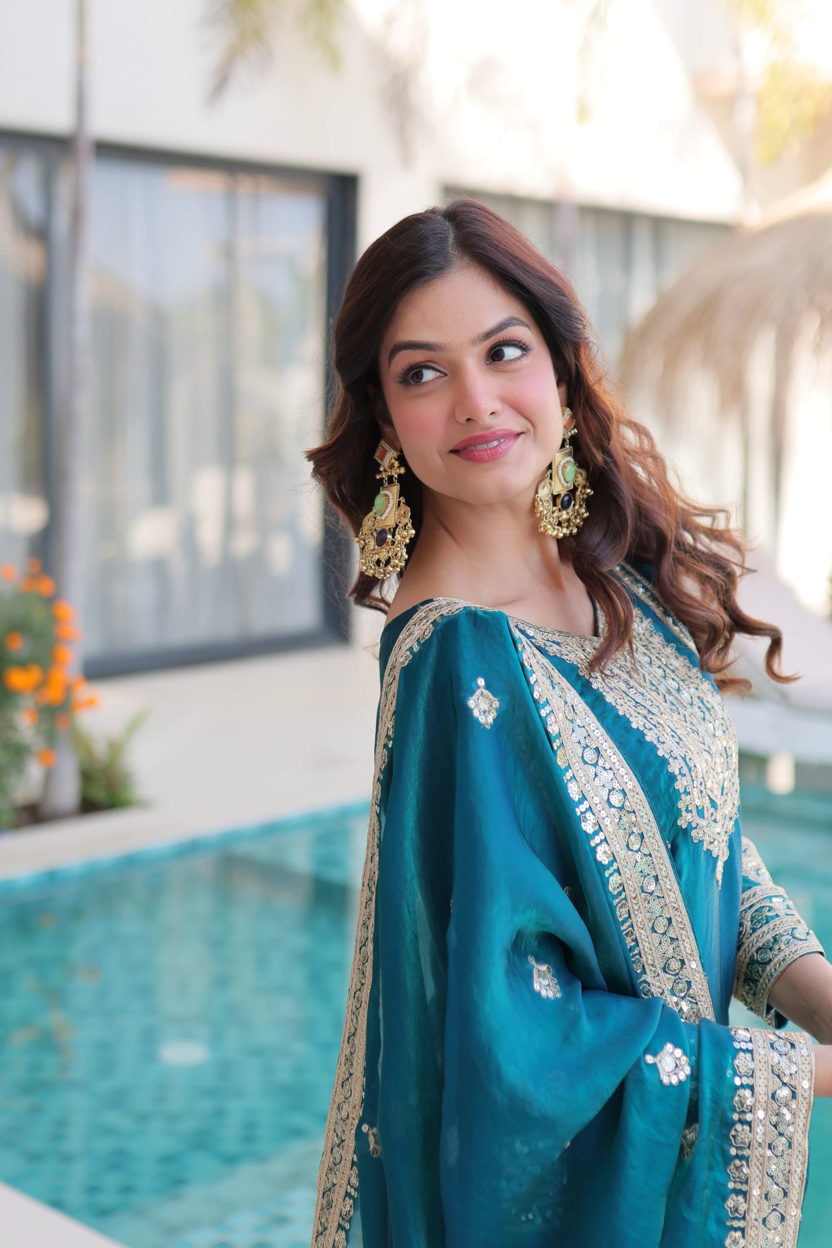 Nysika Turquoise Color Fendi Silk Coding Sequins Embroidered Work Kurti Set