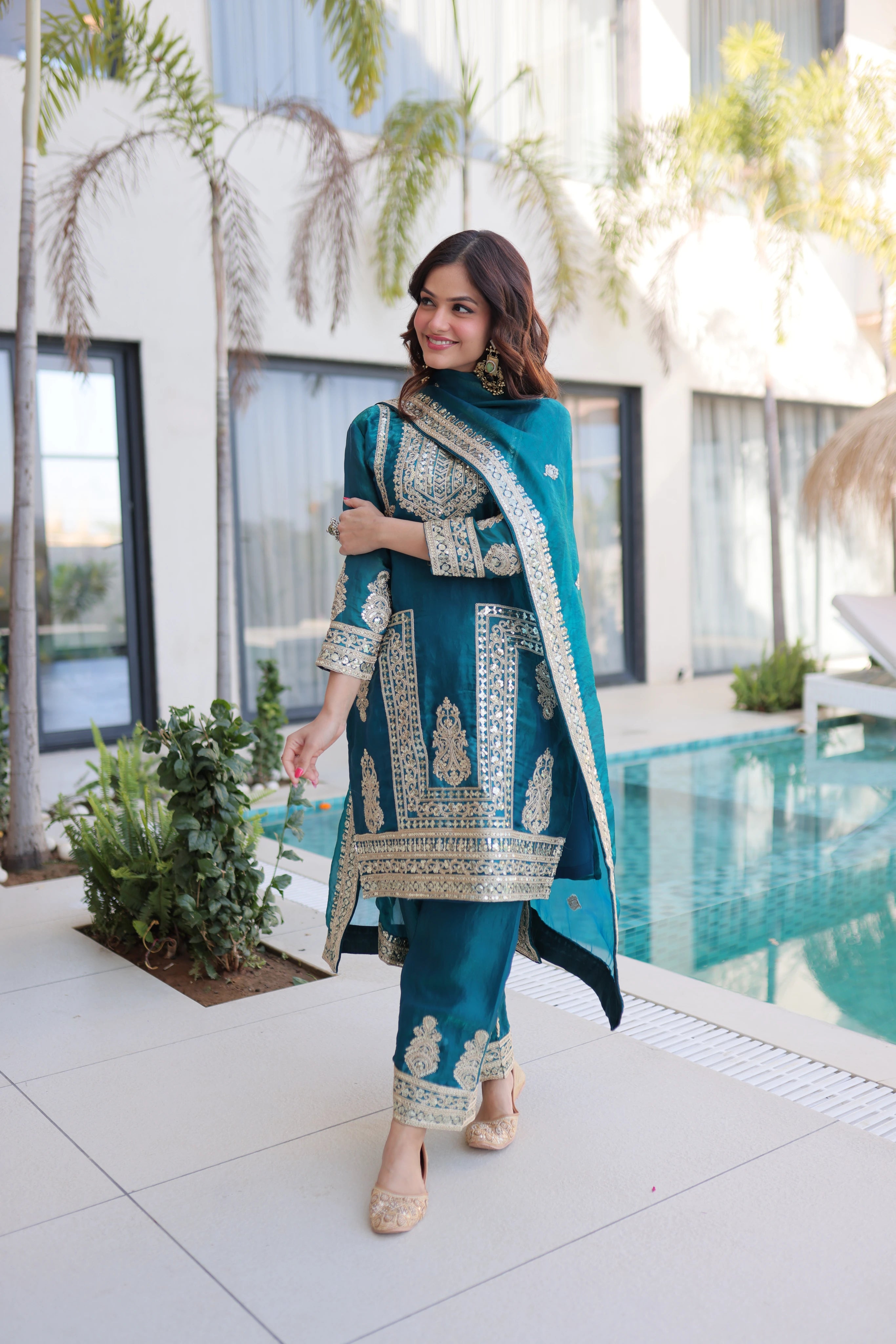 Nysika Turquoise Color Fendi Silk Coding Sequins Embroidered Work Kurti Set