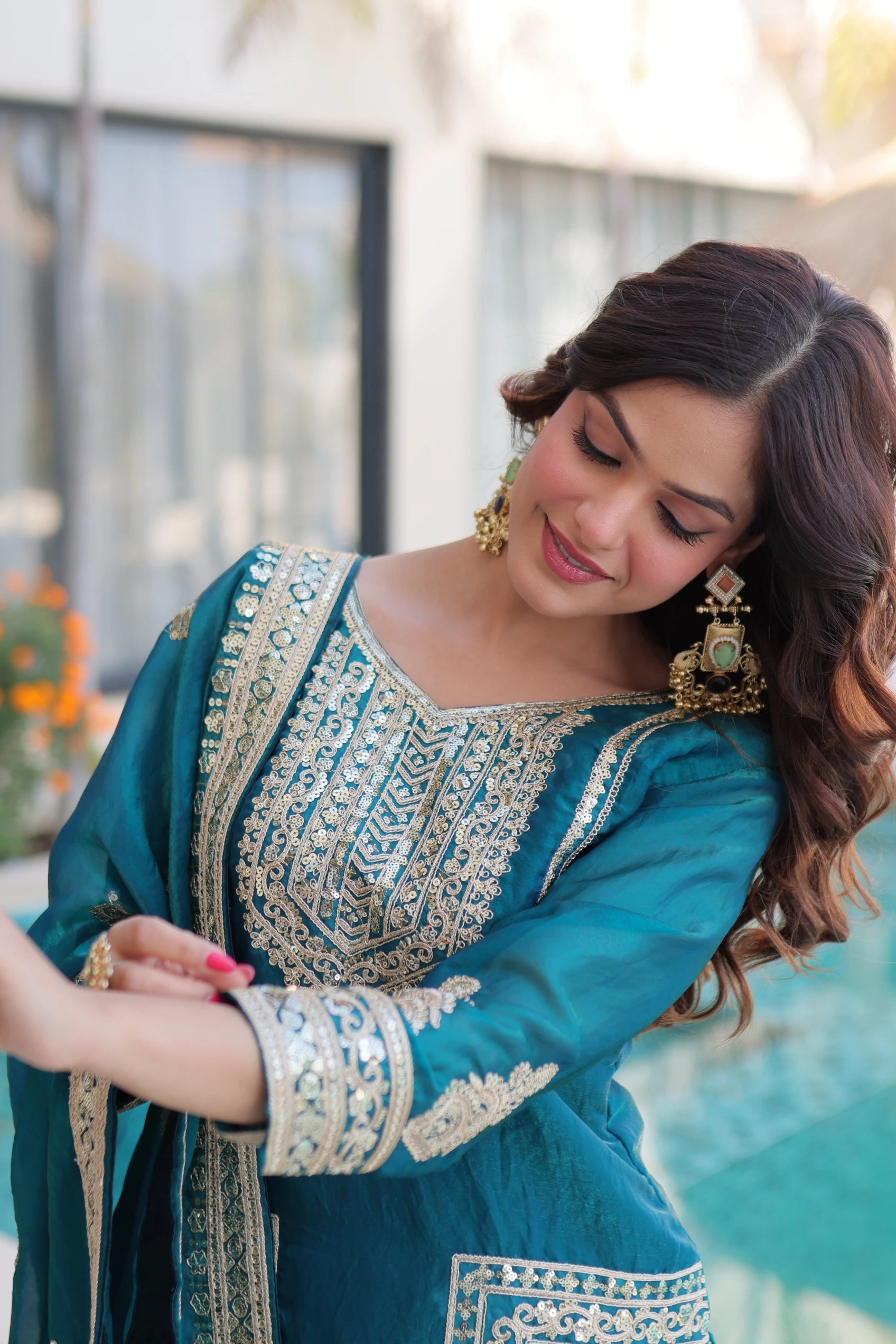 Nysika Turquoise Color Fendi Silk Coding Sequins Embroidered Work Kurti Set