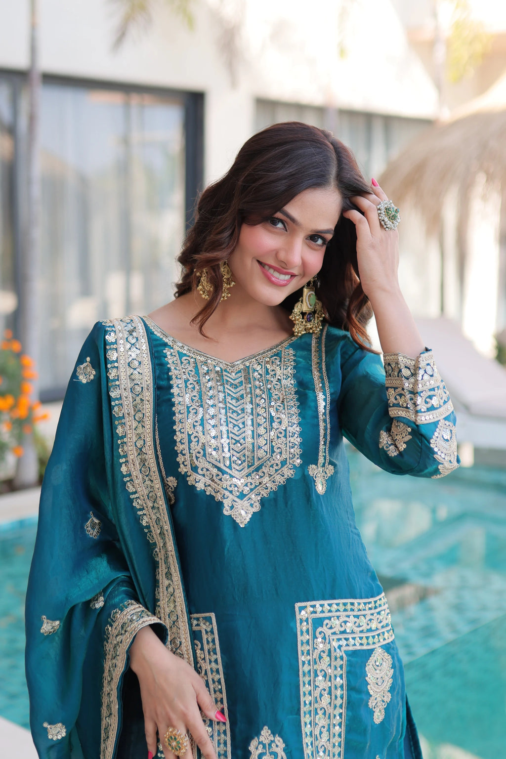 Nysika Turquoise Color Fendi Silk Coding Sequins Embroidered Work Kurti Set