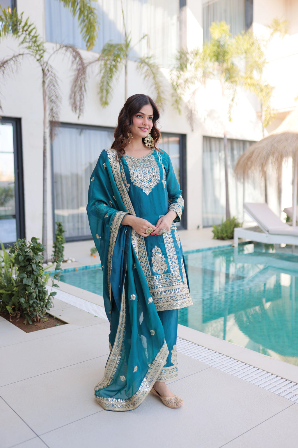 Nysika Turquoise Color Fendi Silk Coding Sequins Embroidered Work Kurti Set