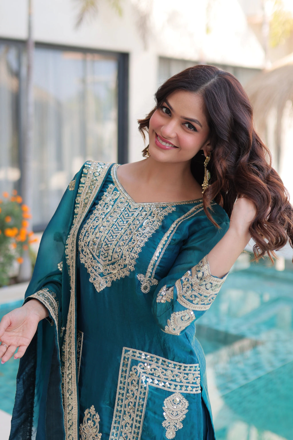 Nysika Turquoise Color Fendi Silk Coding Sequins Embroidered Work Kurti Set