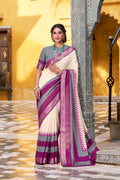 Off-White Color Poly Cotton Printed Saree with Zari Weaving Border and Blouse