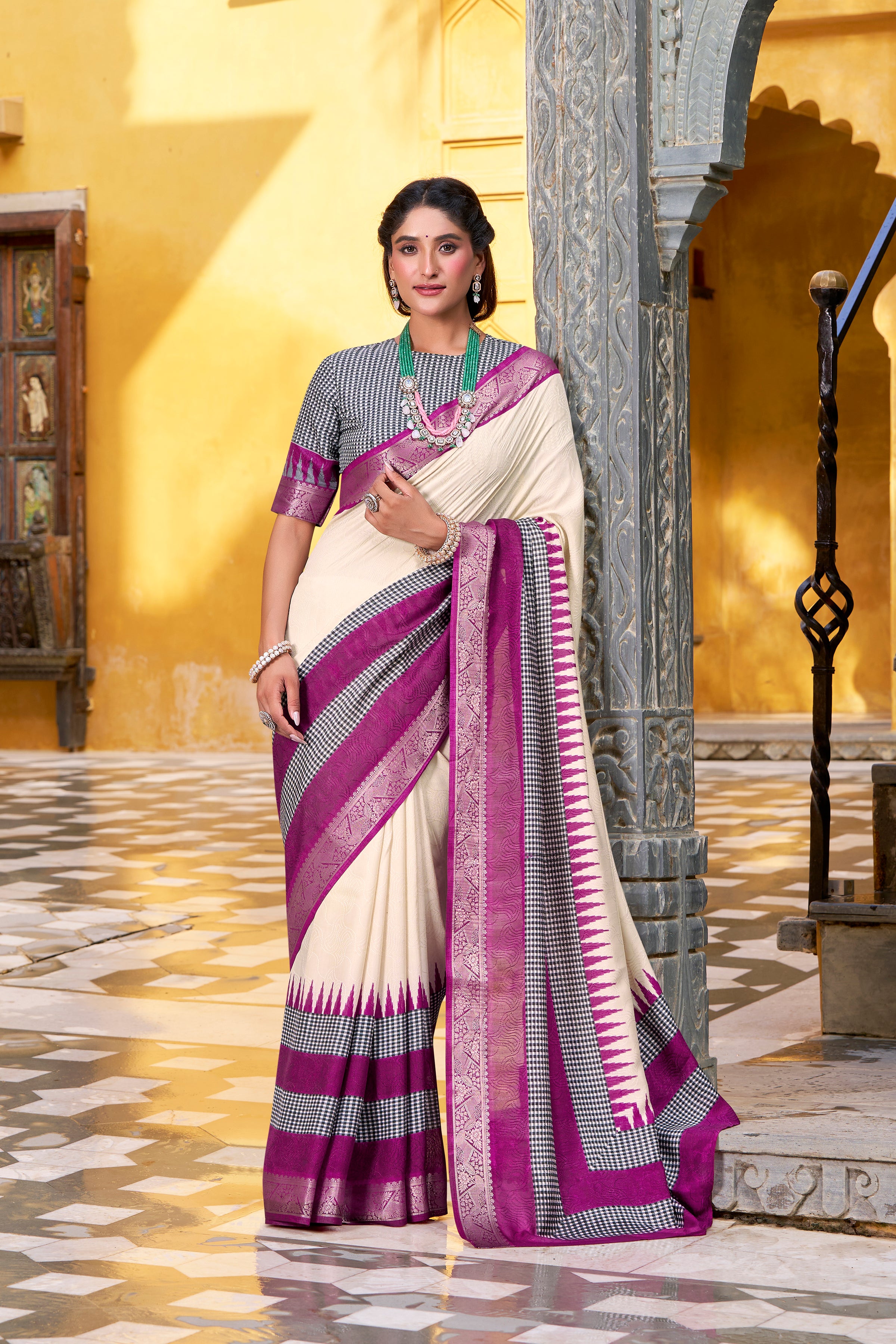 Off-White Color Poly Cotton Printed Saree with Zari Weaving Border and Blouse