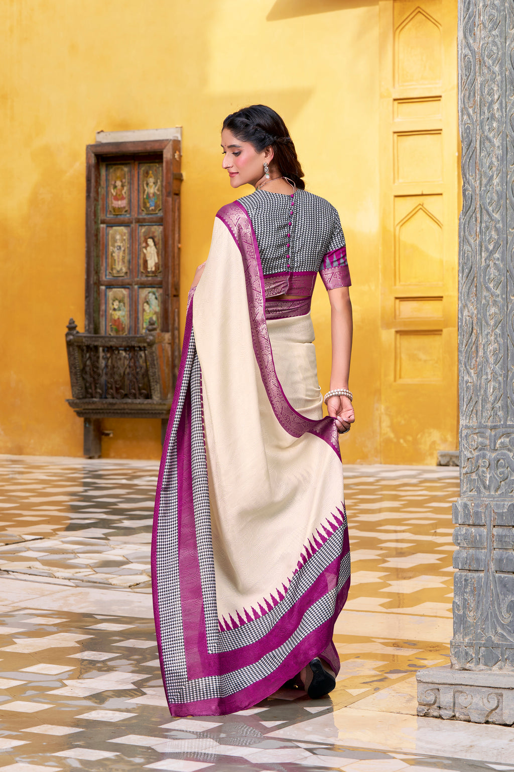 Off-White Color Poly Cotton Printed Saree with Zari Weaving Border and Blouse