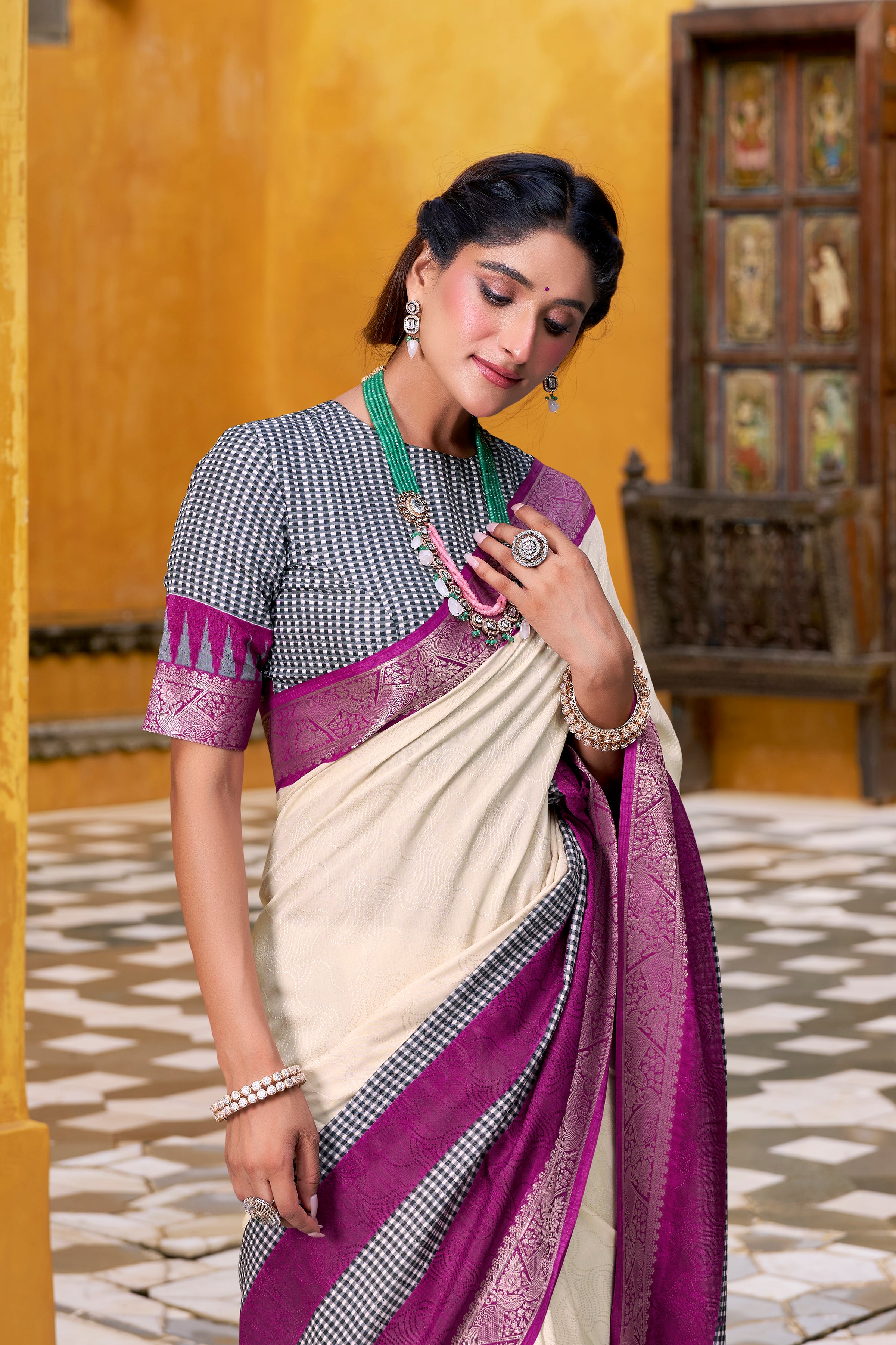 Off-White Color Poly Cotton Printed Saree with Zari Weaving Border and Blouse