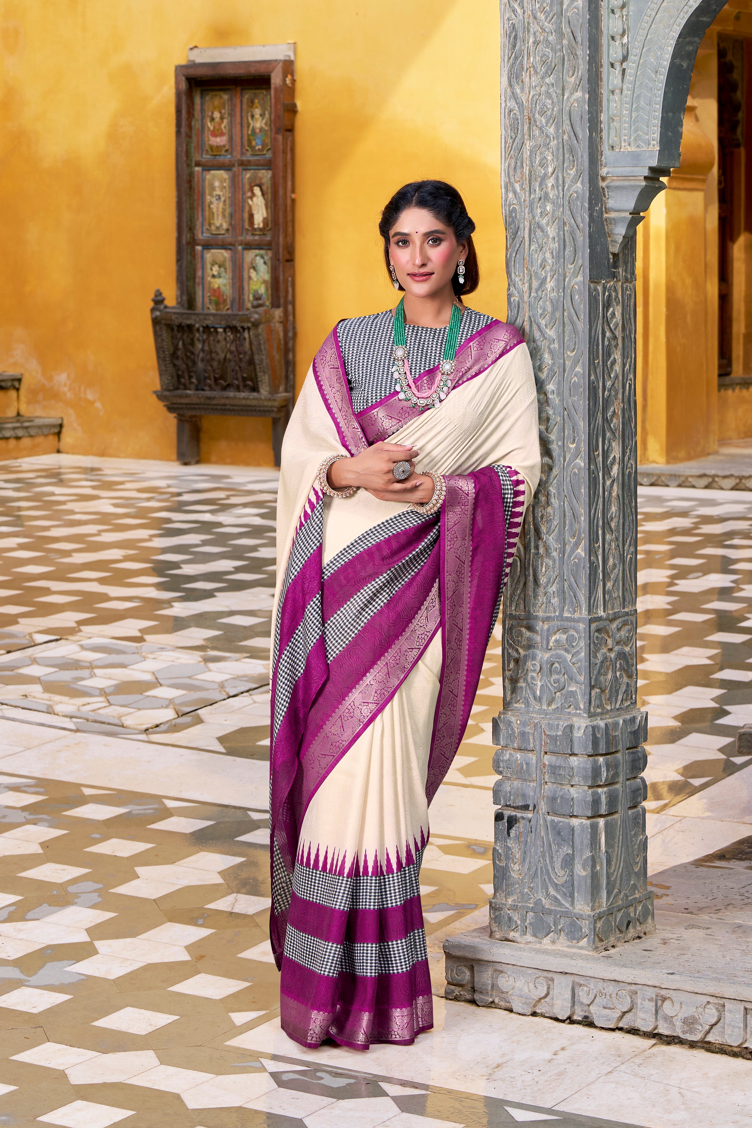 Off-White Color Poly Cotton Printed Saree with Zari Weaving Border and Blouse