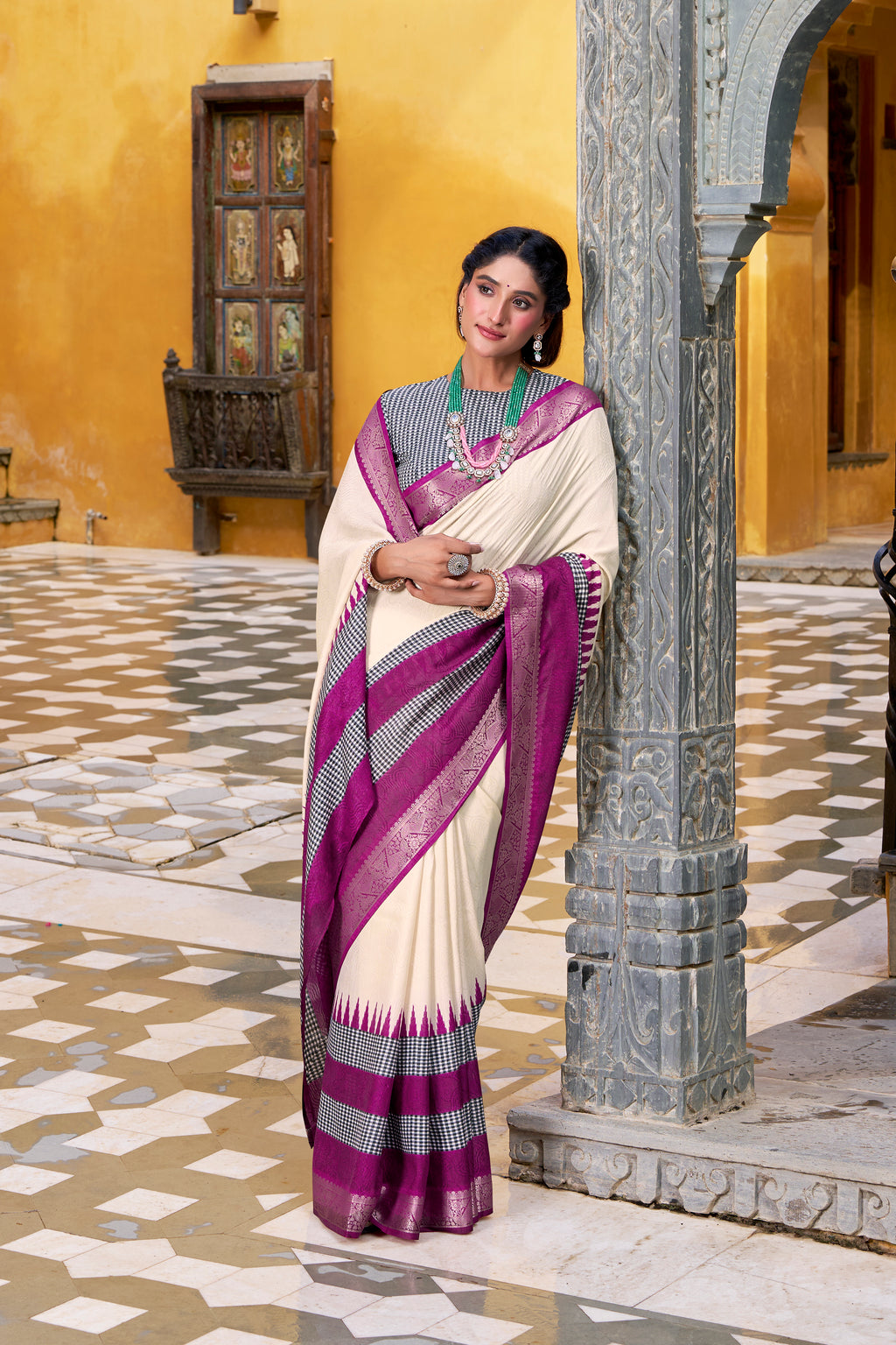 Off-White Color Poly Cotton Printed Saree with Zari Weaving Border and Blouse