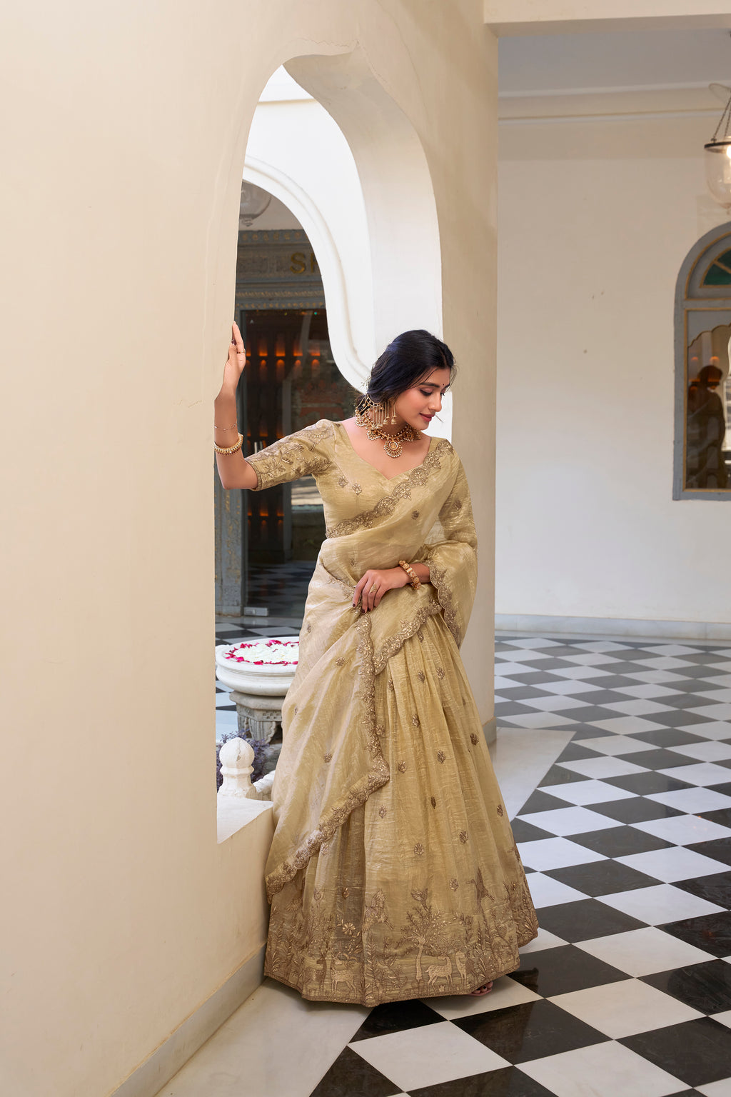 Off-white gold crush sequins thread embroidery work lehenga choli
