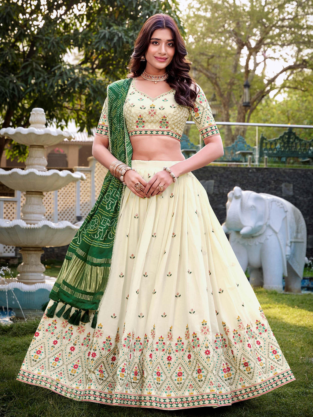 Off-White Khadi Cotton Sequins Embroidered Lehenga Choli with Green Dupatta