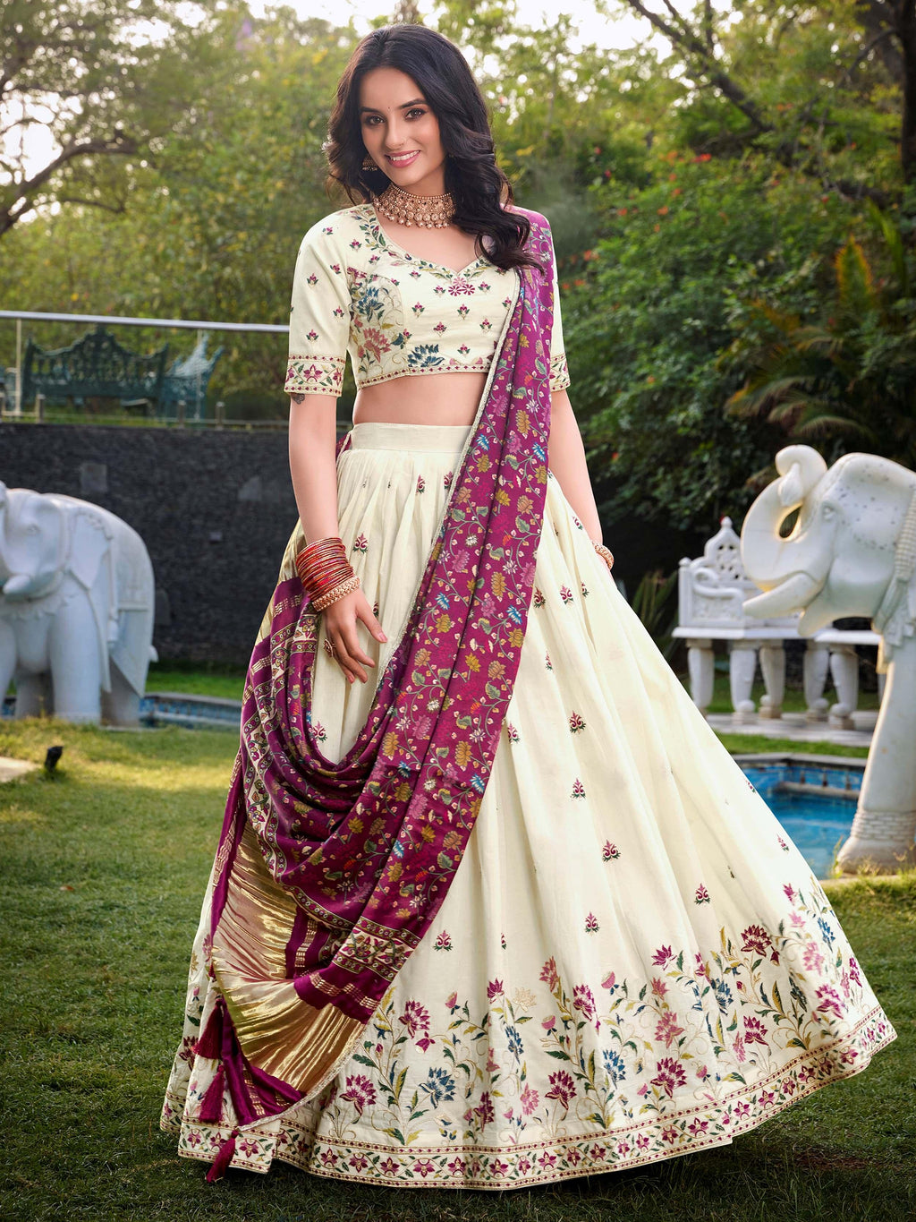 Off-White Khadi Cotton Sequins Embroidered Lehenga Choli with Mauve Pink Dupatta
