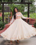 Off-White Kora Cotton Thread Embroidery Gota Patti Work Flared Gown