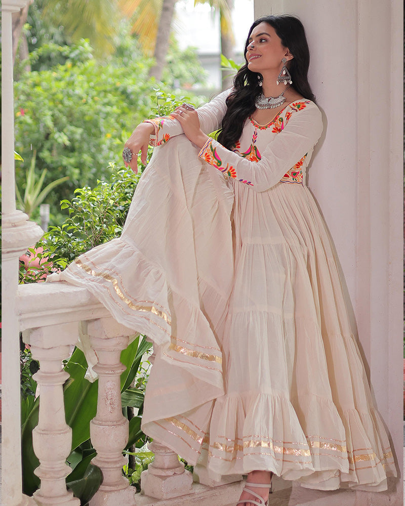 Off-White Kora Cotton Thread Embroidery Gota Patti Work Flared Gown