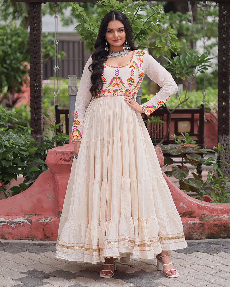 Off-White Kora Cotton Thread Embroidery Gota Patti Work Flared Gown