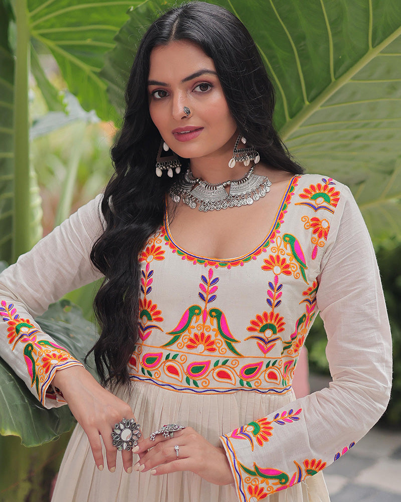 Off-White Kora Cotton Thread Embroidery Gota Patti Work Flared Gown