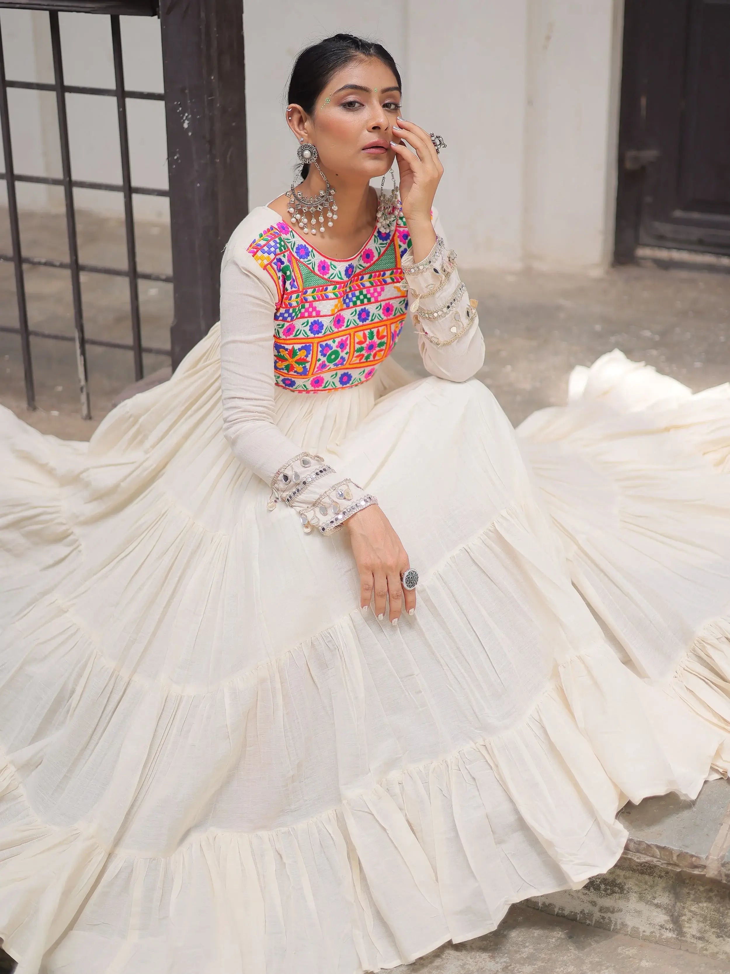Off-White Kora Cotton with Multi Thread Gamthi Embroidery Gown