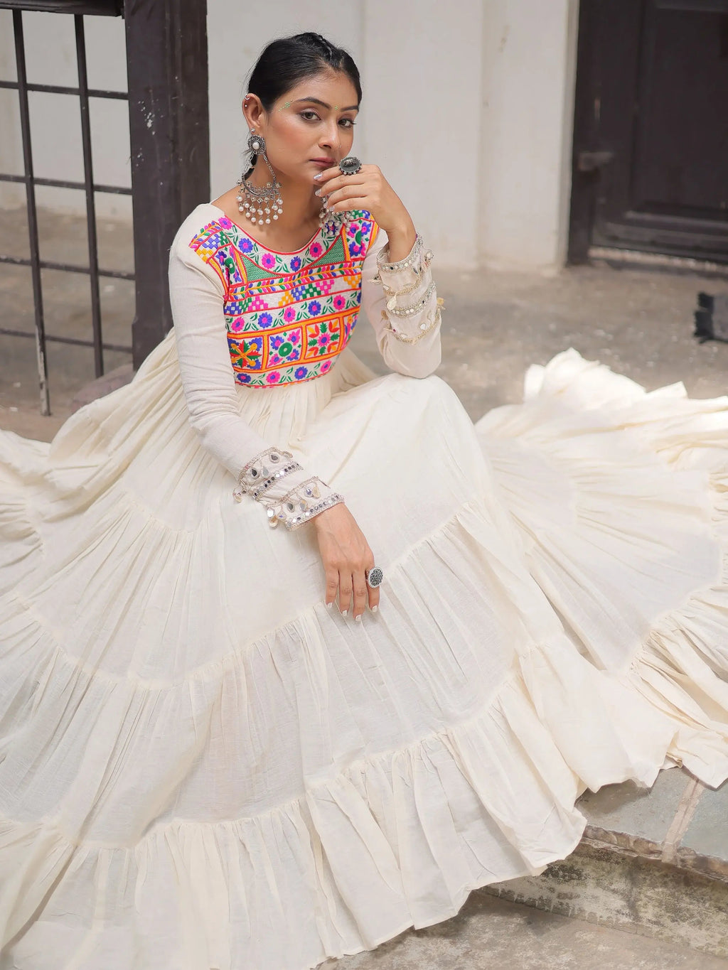 Off-White Kora Cotton with Multi Thread Gamthi Embroidery Gown