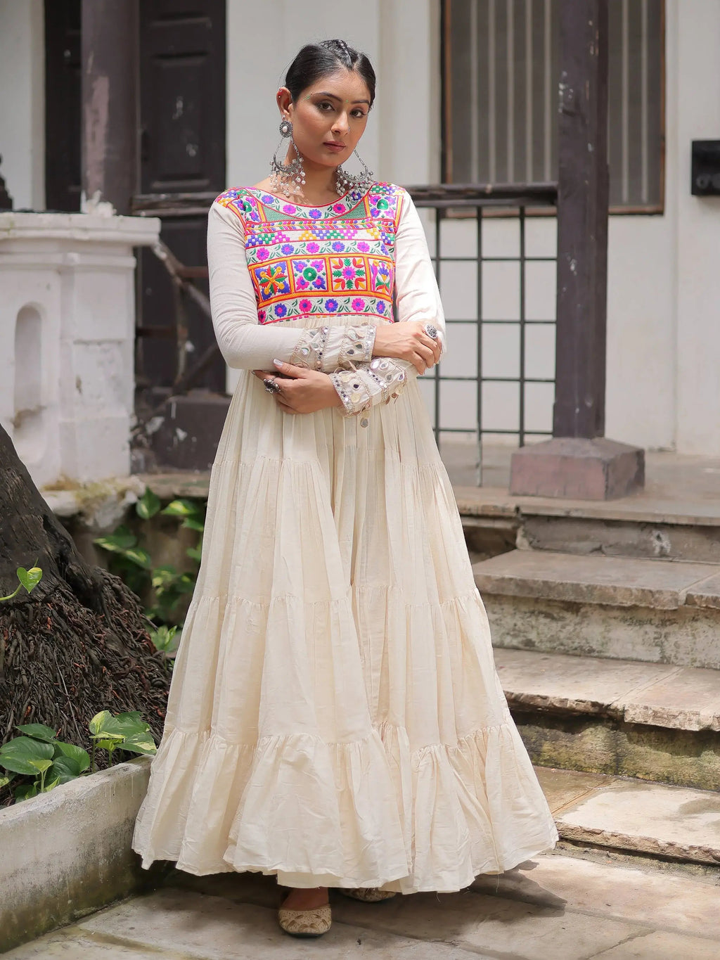 Off-White Kora Cotton with Multi Thread Gamthi Embroidery Gown
