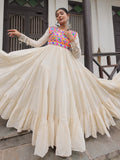 Off-White Kora Cotton with Multi Thread Gamthi Embroidery Gown