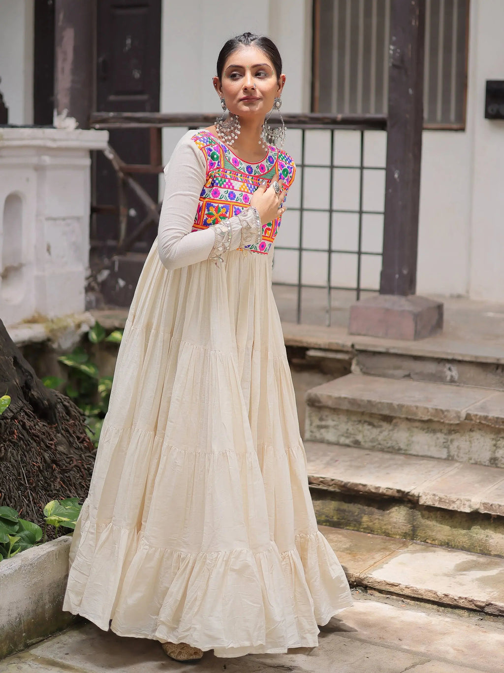 Off-White Kora Cotton with Multi Thread Gamthi Embroidery Gown