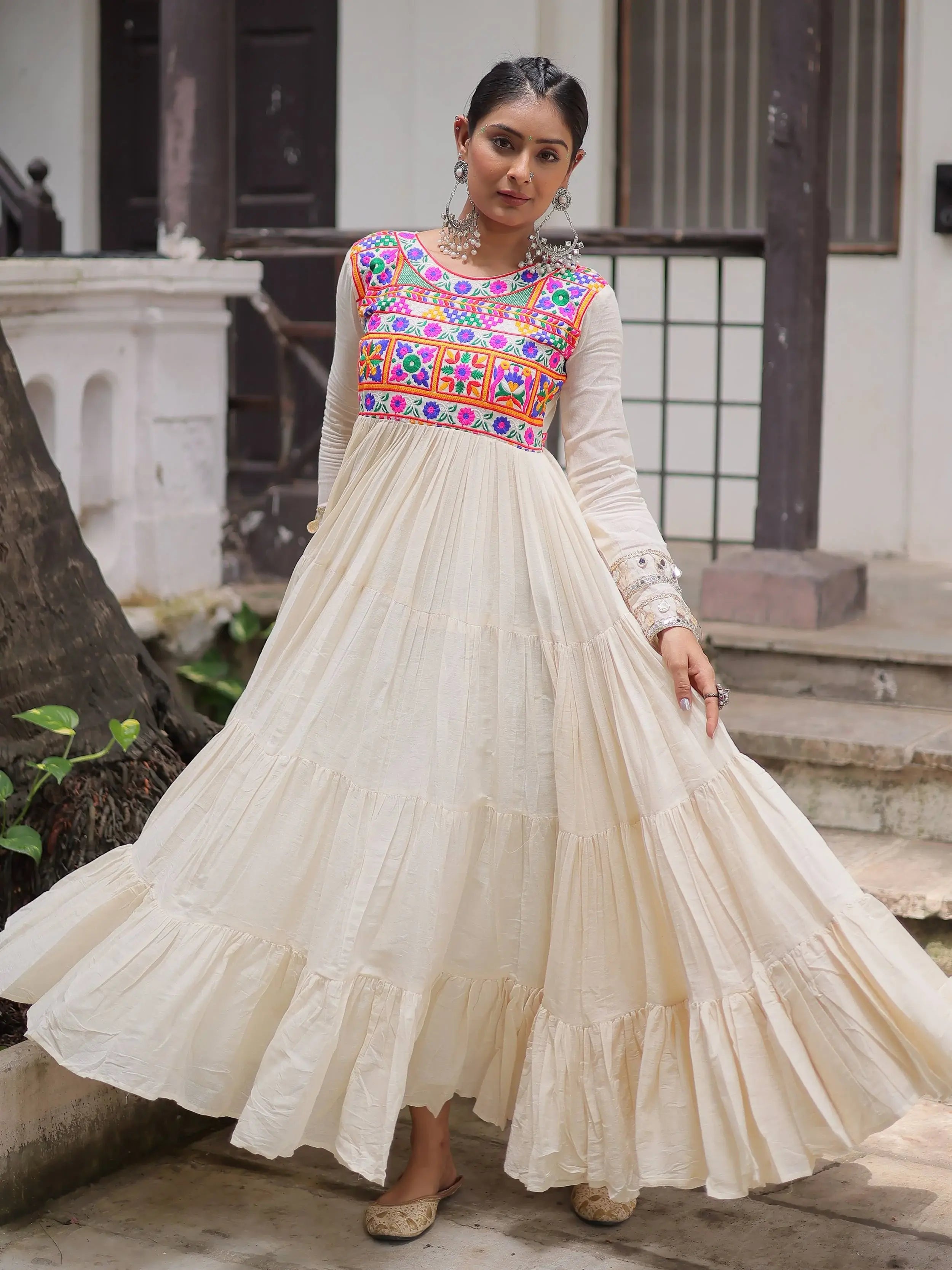 Off-White Kora Cotton with Multi Thread Gamthi Embroidery Gown