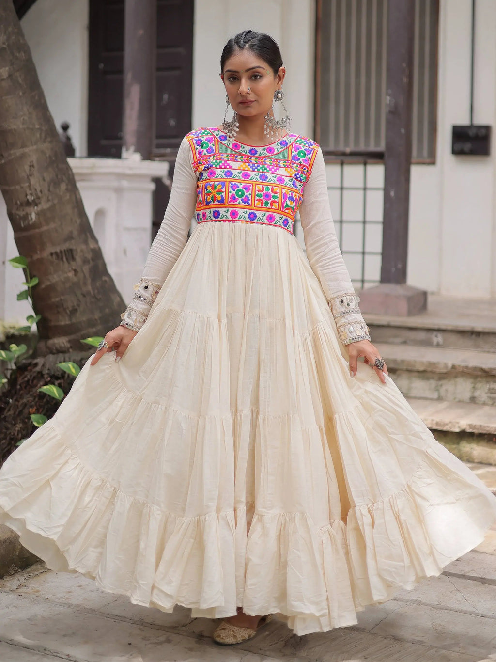 Off-White Kora Cotton with Multi Thread Gamthi Embroidery Gown
