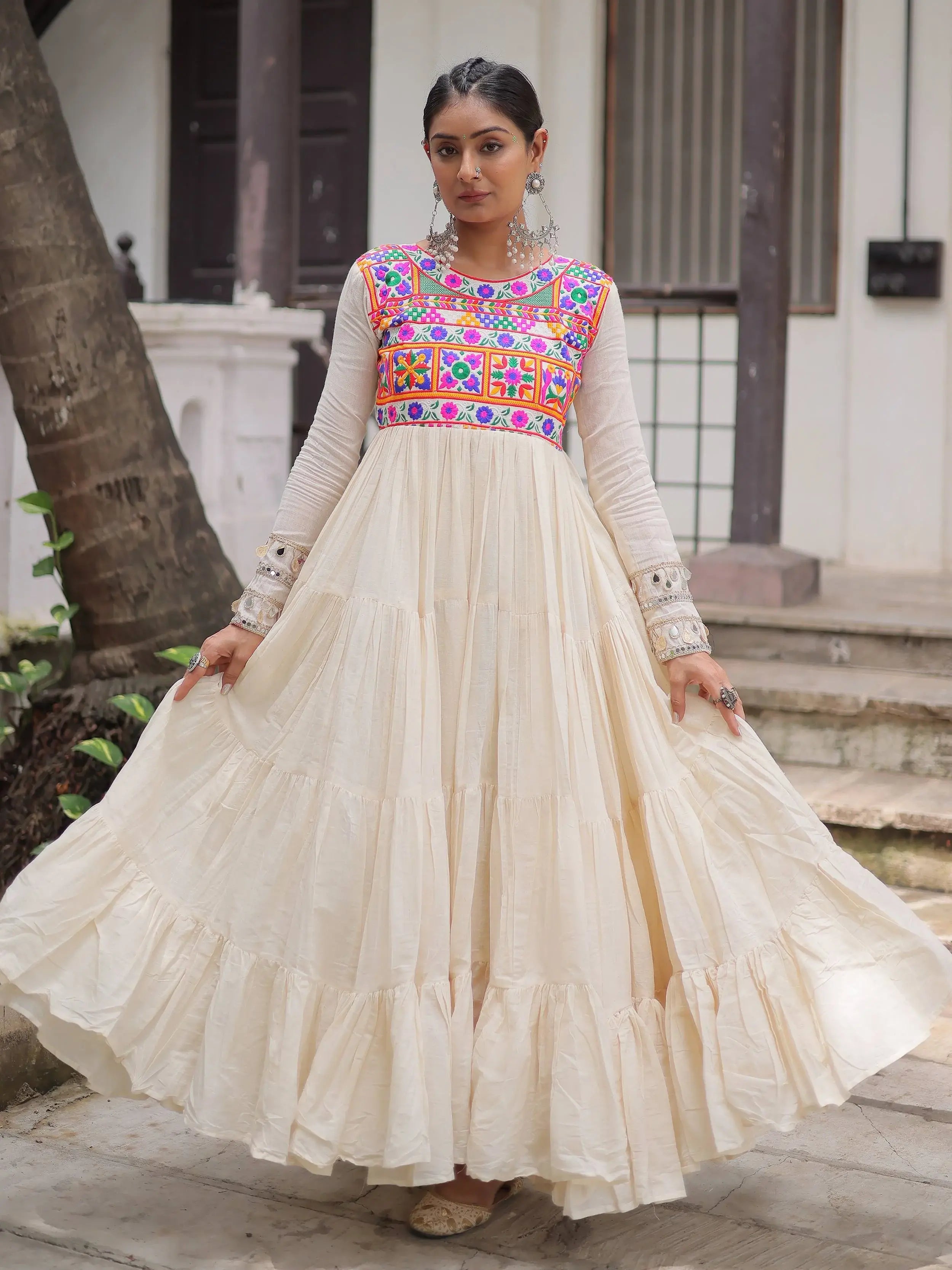 Off-White Kora Cotton with Multi Thread Gamthi Embroidery Gown