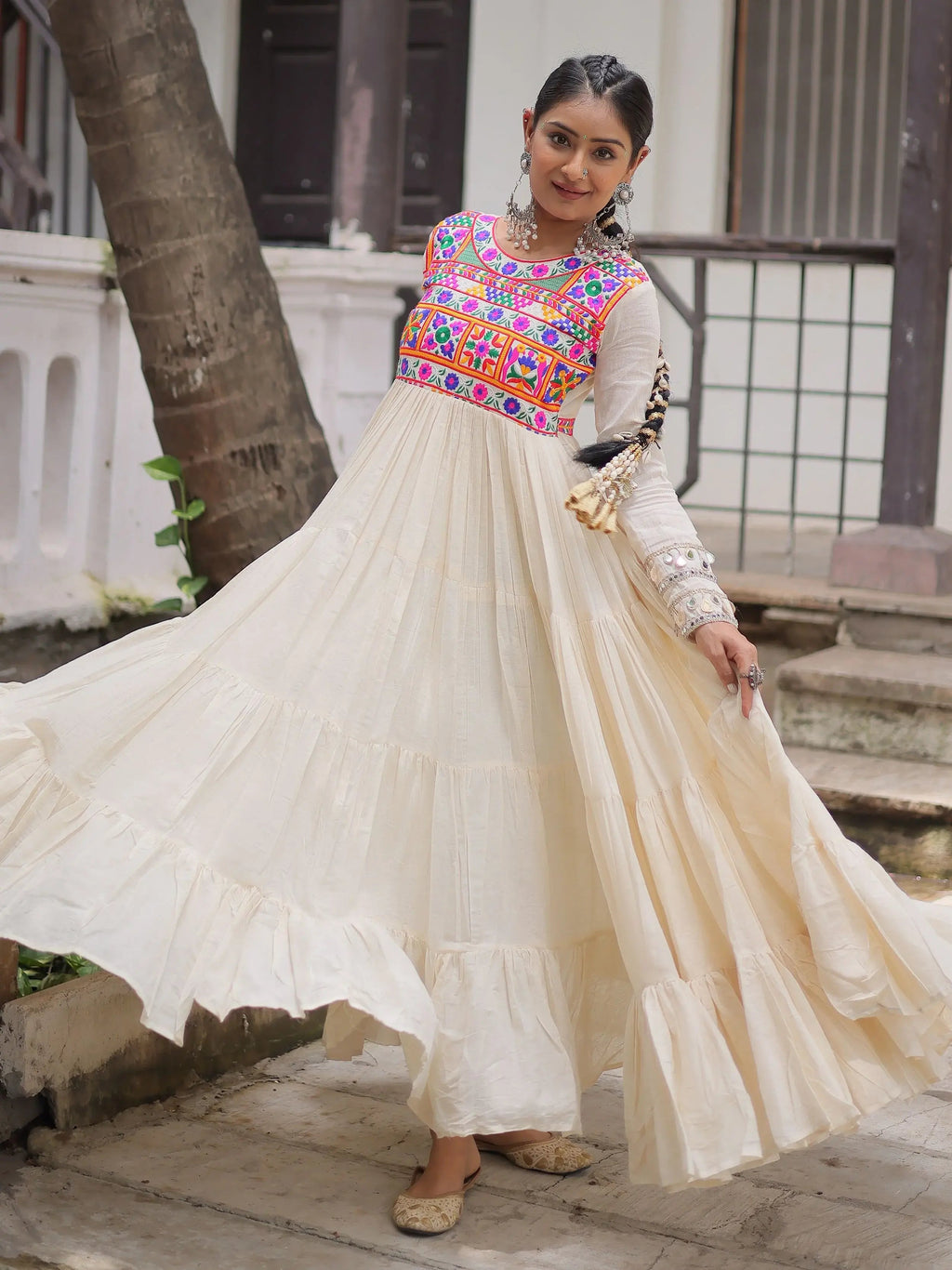 Off-White Kora Cotton with Multi Thread Gamthi Embroidery Gown