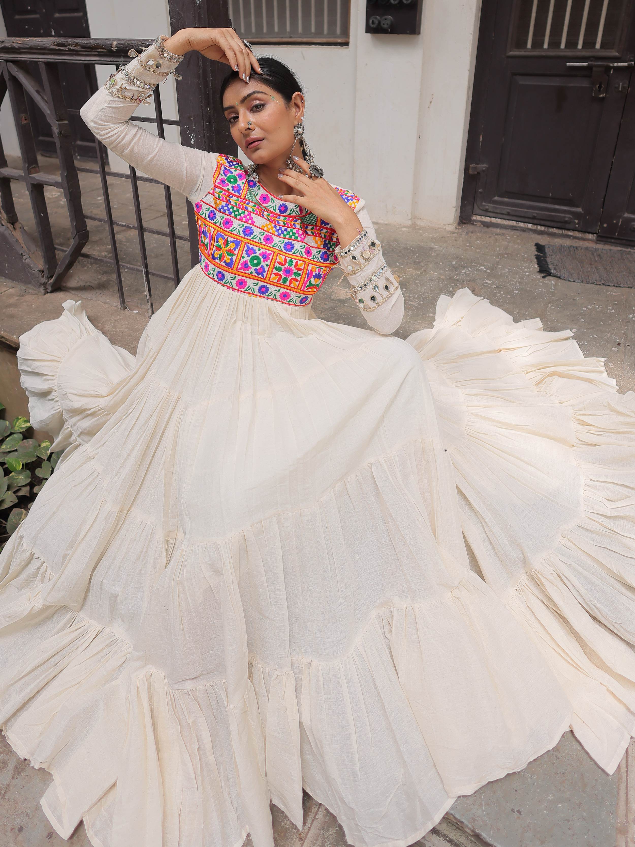 Off-White Kora Cotton with Multi Thread Gamthi Embroidery Gown