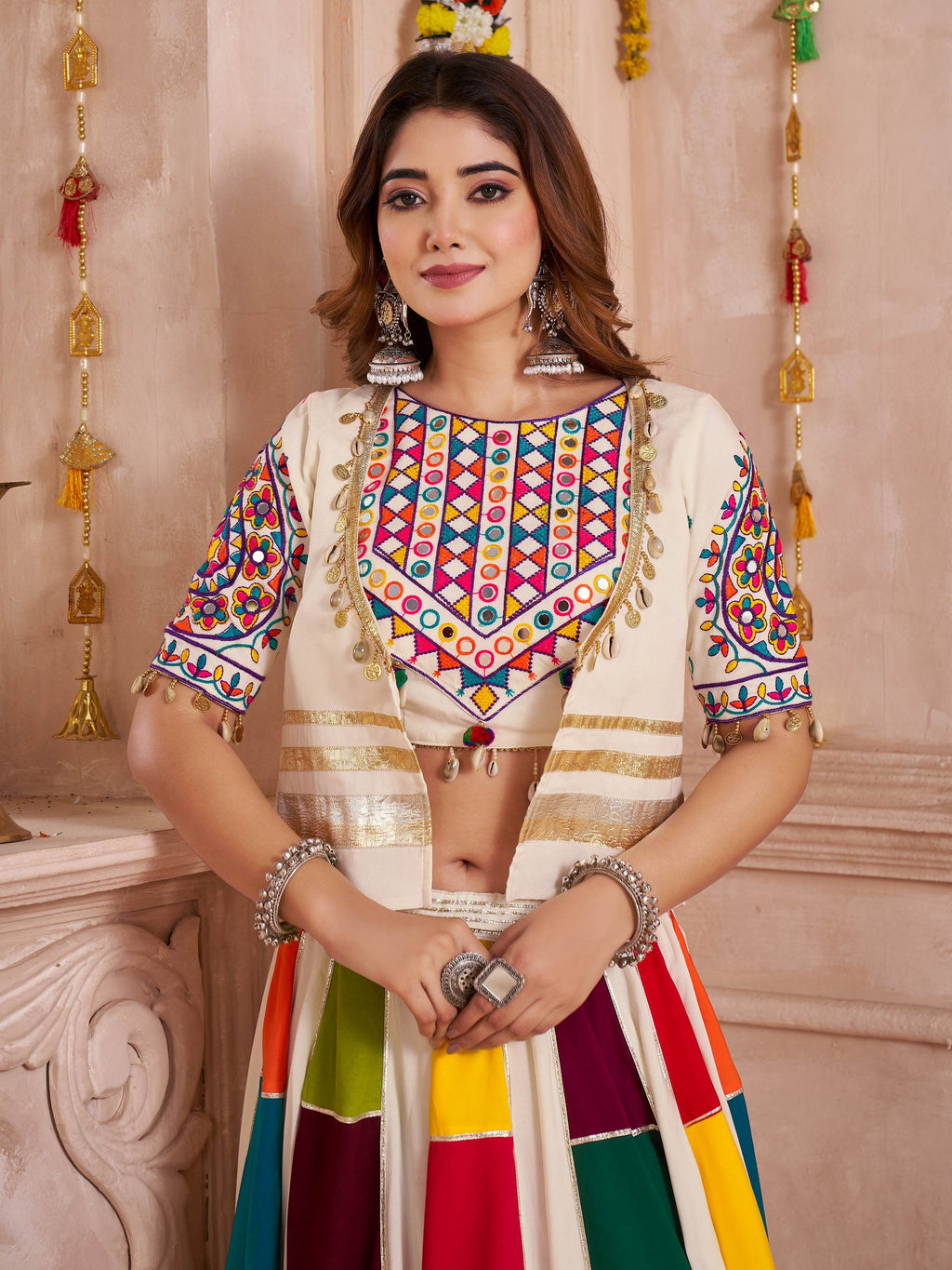 Off-White Multicolor Viscose Cotton Mirror Embroidered Lehenga Choli