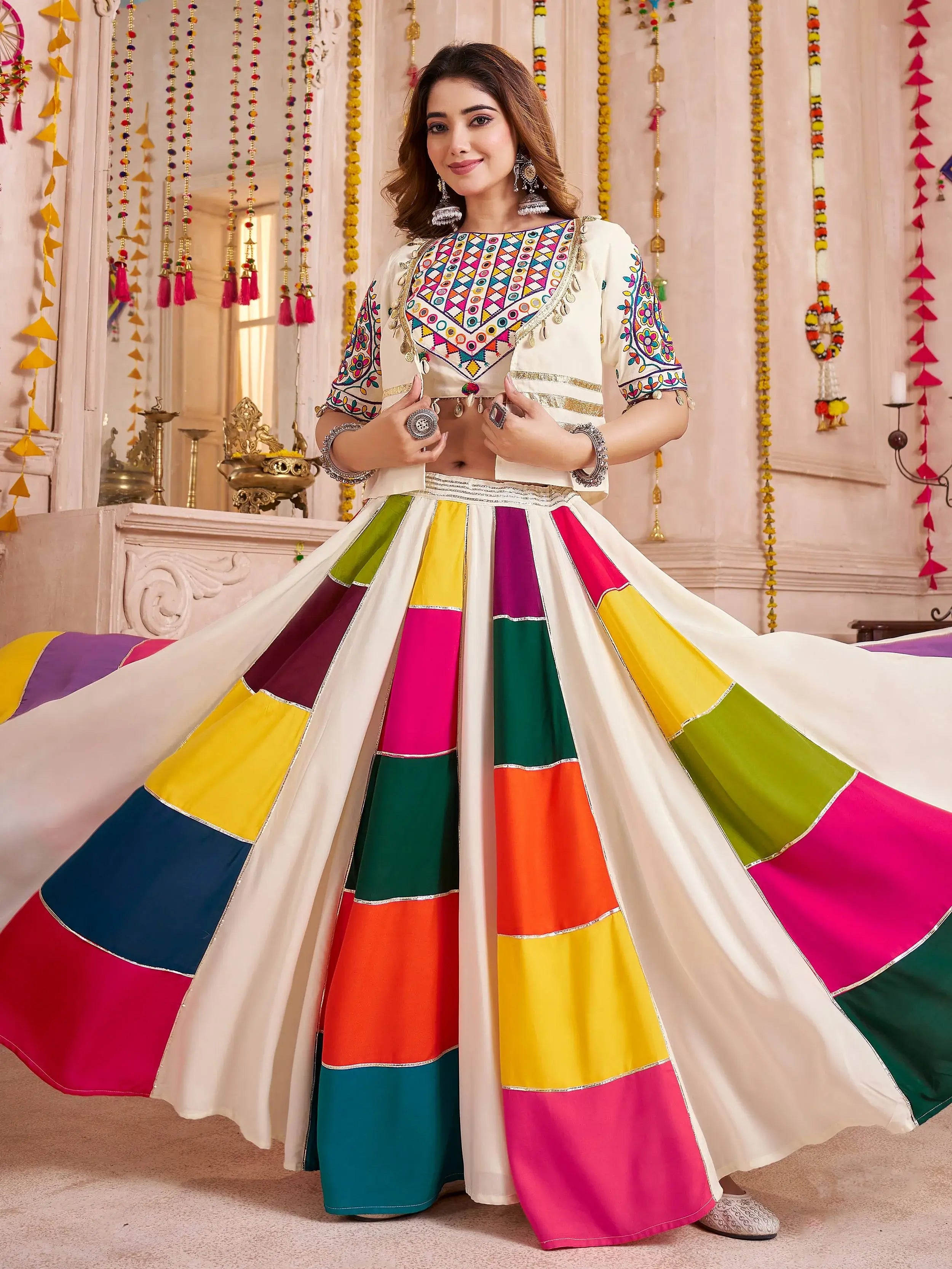 Off-White Multicolor Viscose Cotton Mirror Embroidered Lehenga Choli