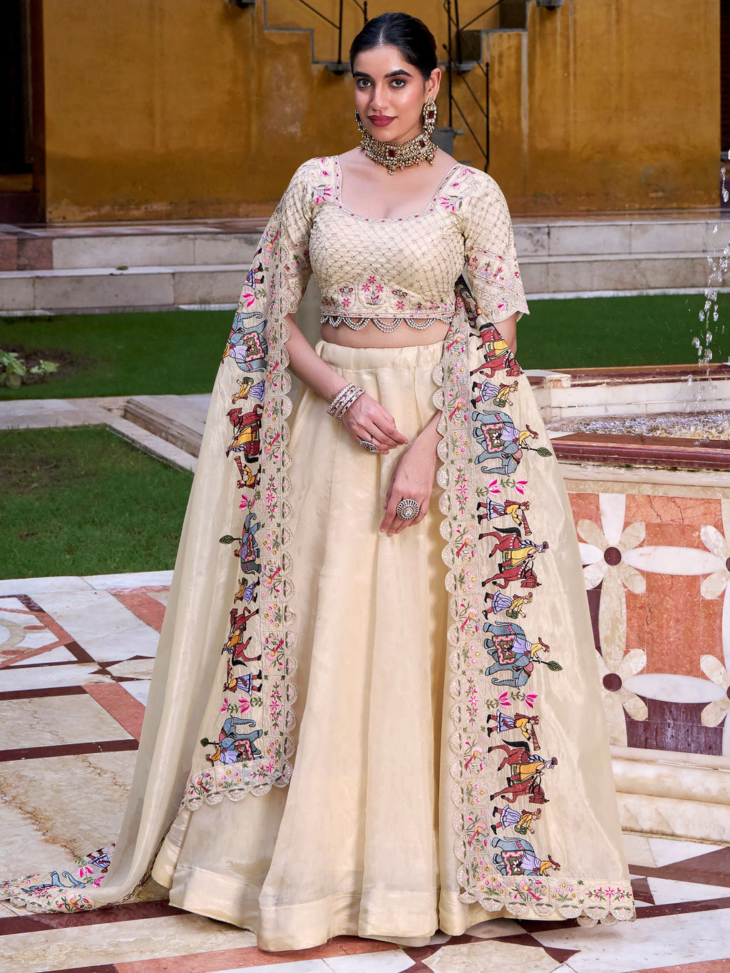 Off White Raspberry Silk Sequins Thread Embroidery Lehenga Choli with Dupatta