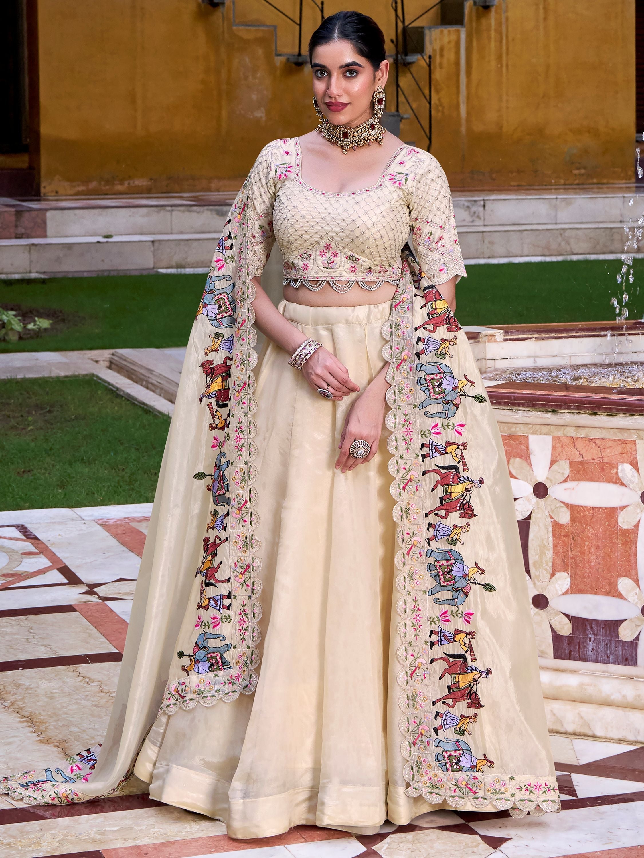 Off White Raspberry Silk Sequins Thread Embroidery Lehenga Choli with Dupatta