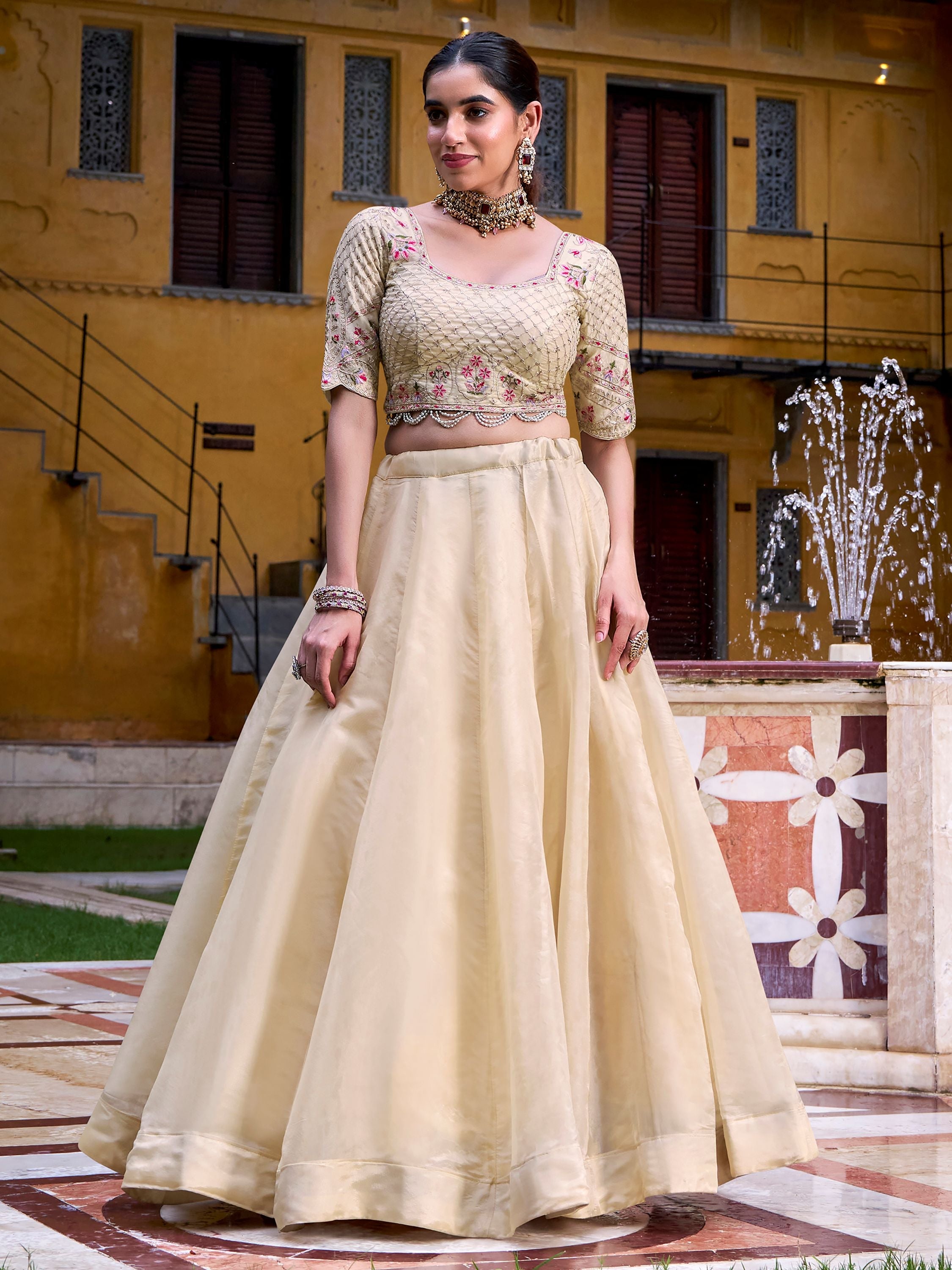Off White Raspberry Silk Sequins Thread Embroidery Lehenga Choli with Dupatta