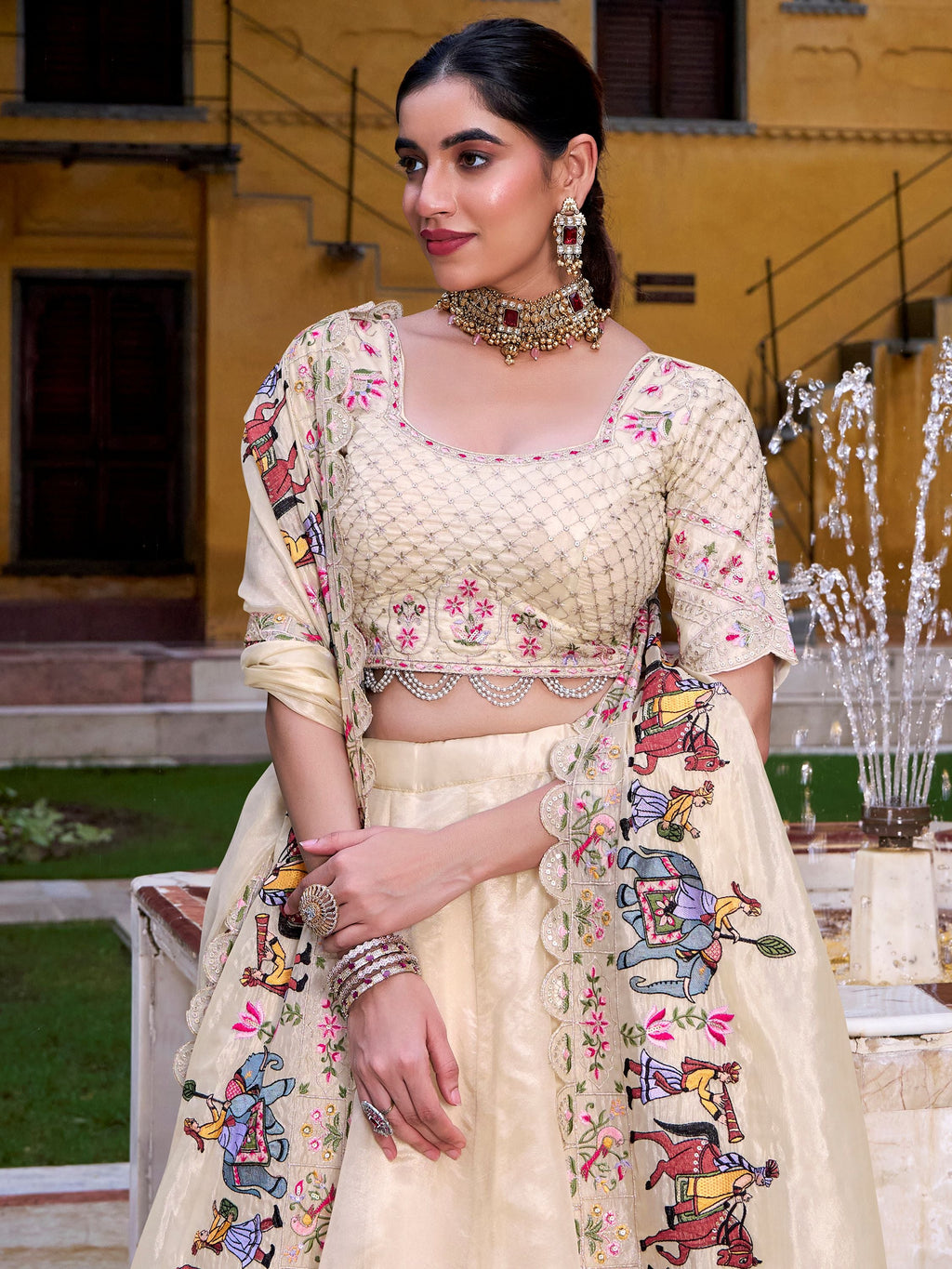 Off White Raspberry Silk Sequins Thread Embroidery Lehenga Choli with Dupatta