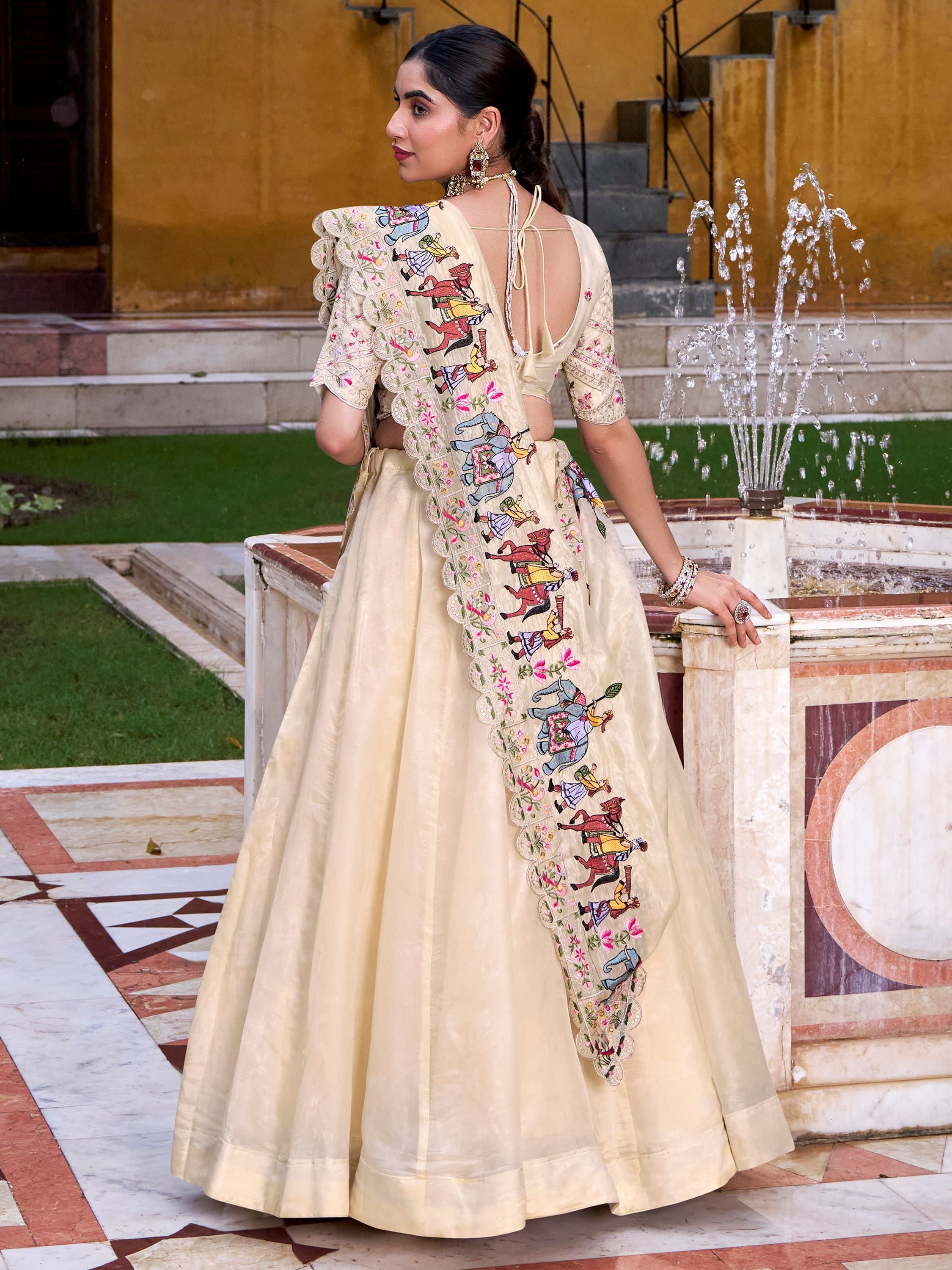 Off White Raspberry Silk Sequins Thread Embroidery Lehenga Choli with Dupatta