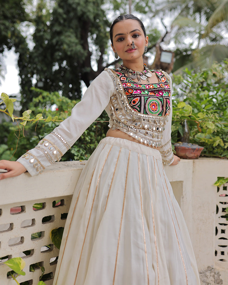 Off-white Roman silk Gota Patti lace and Kutchi Gamthi embroidered lehenga choli