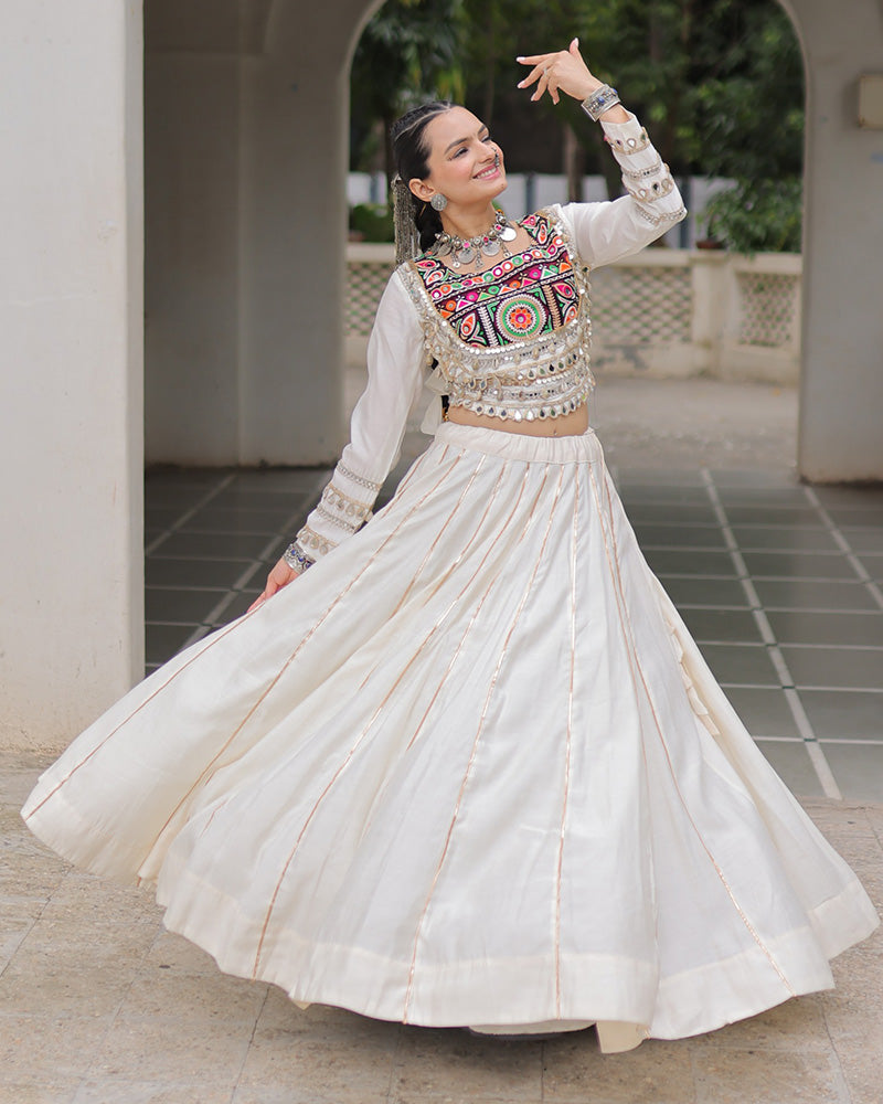 Off-white Roman silk Gota Patti lace and Kutchi Gamthi embroidered lehenga choli
