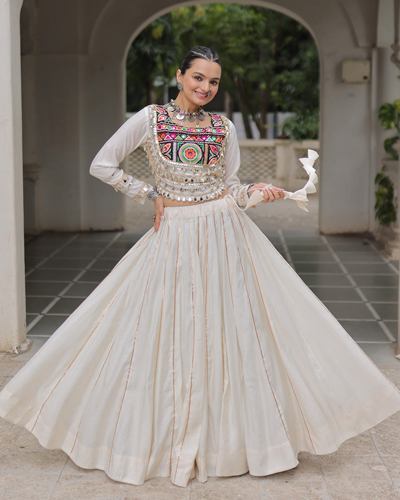 Off-white Roman silk Gota Patti lace and Kutchi Gamthi embroidered lehenga choli