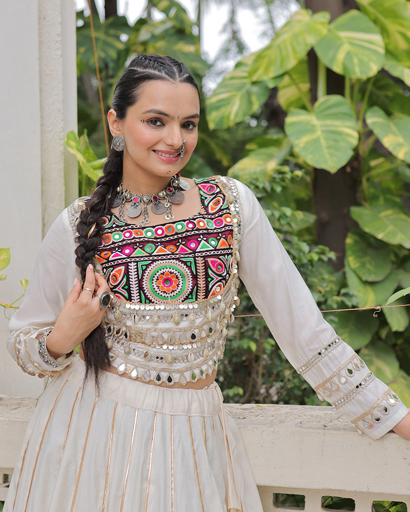 Off-white Roman silk Gota Patti lace and Kutchi Gamthi embroidered lehenga choli